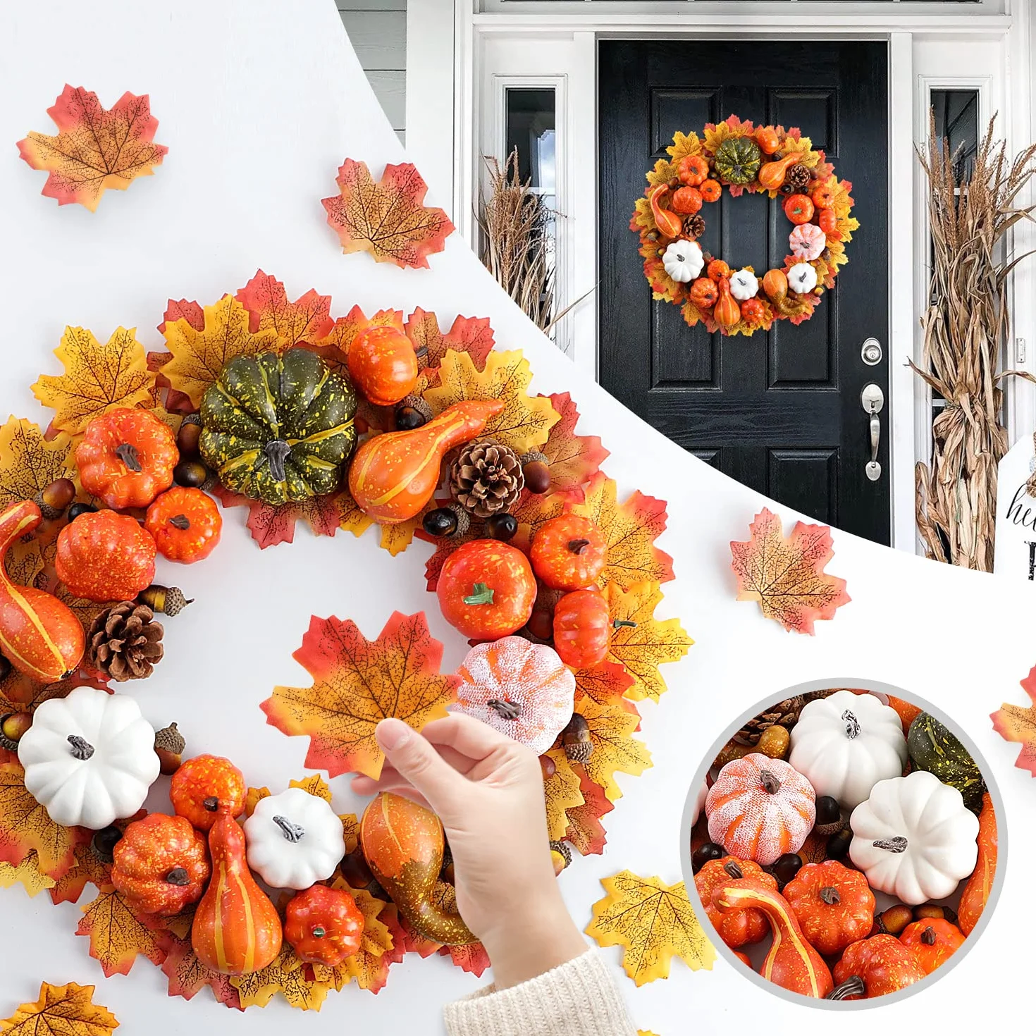 Benjia 102 Pezzi Set Decorazioni Zucche Autunno Artificiali Foglie Acero Pigne Ghiande Halloween Ringraziamento