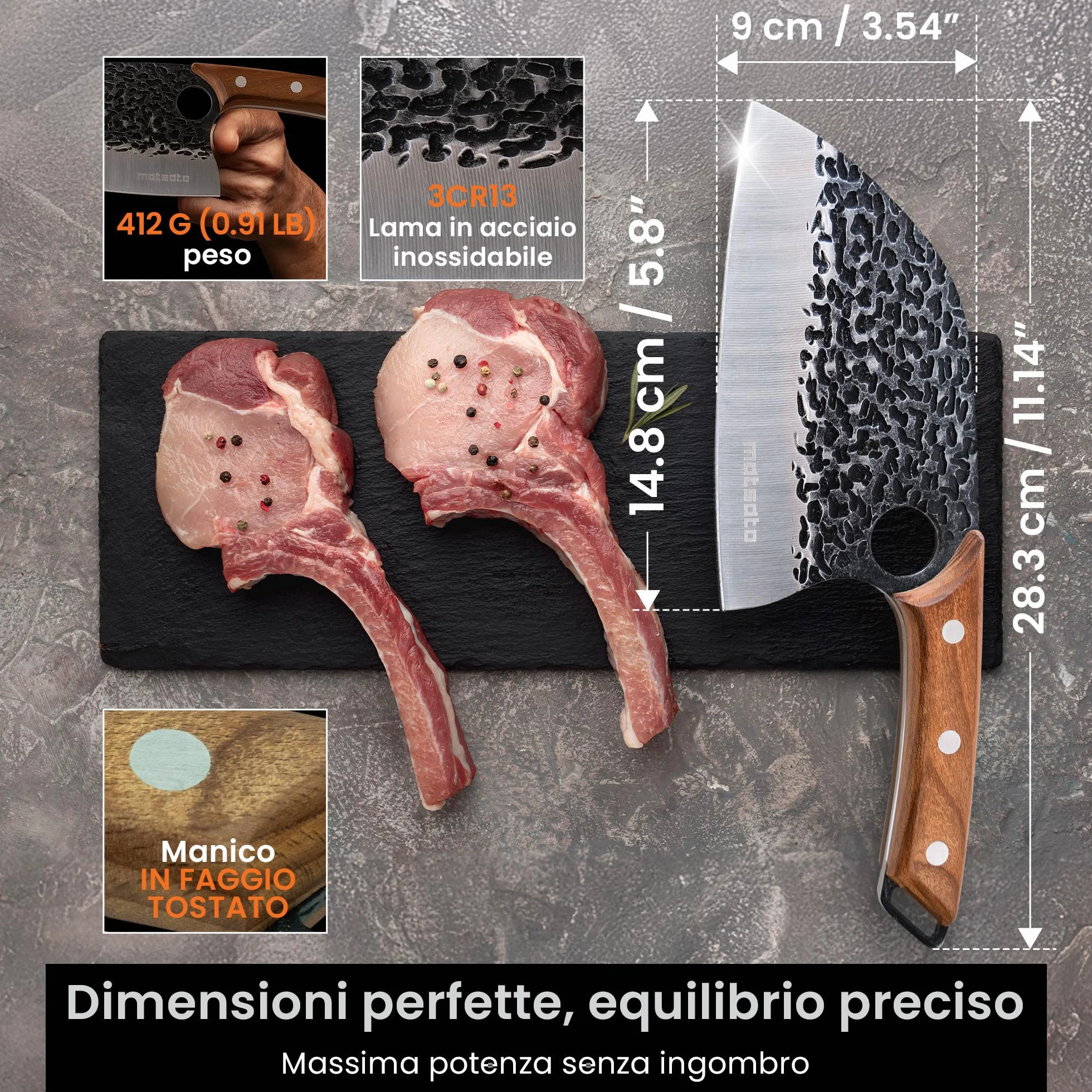 Matsato Mannaia da Cucina Professionale in Acciaio Giapponese - Coltello Mannaia con Lama 15 cm, Manico in Faggio Carbonizzato - Per Carne, Verdure e Ossa da Macellaio