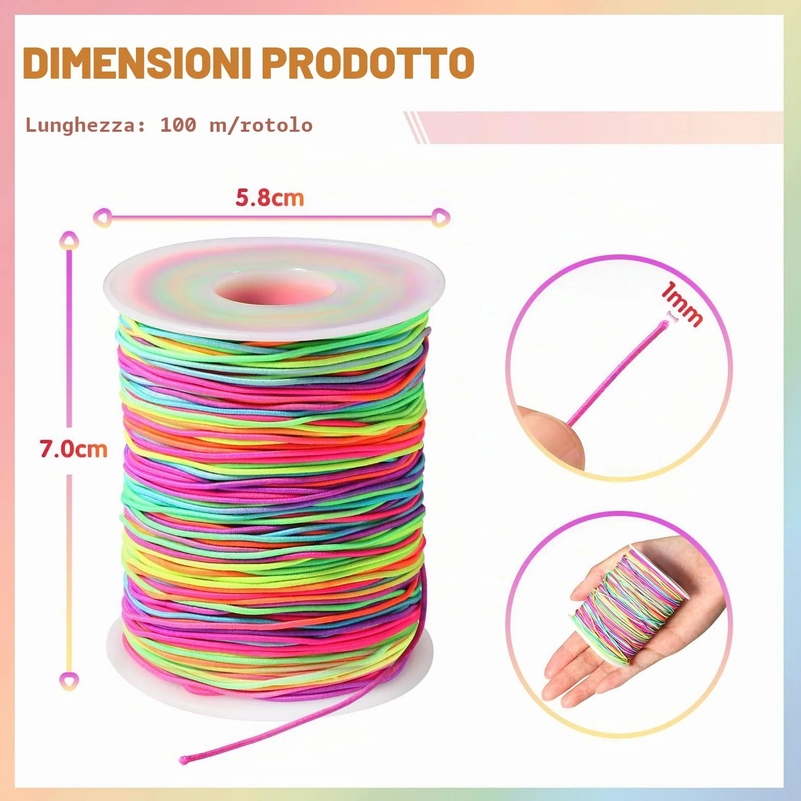 Filo Elastico per Braccialetti 1mm x 100m Resistente Arcobaleno Perline Gioielli DIY