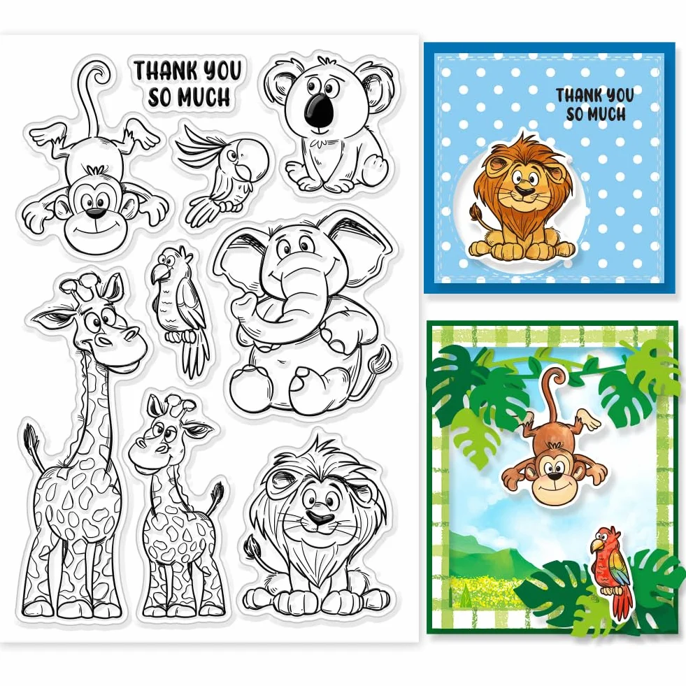 GLOBLELAND Timbri trasparenti con animali selvatici, elefante, leone, giraffa, in silicone, sigilli, scimmia, koala, uccello, francobolli trasparenti per fai da te, album fotografici, diari
