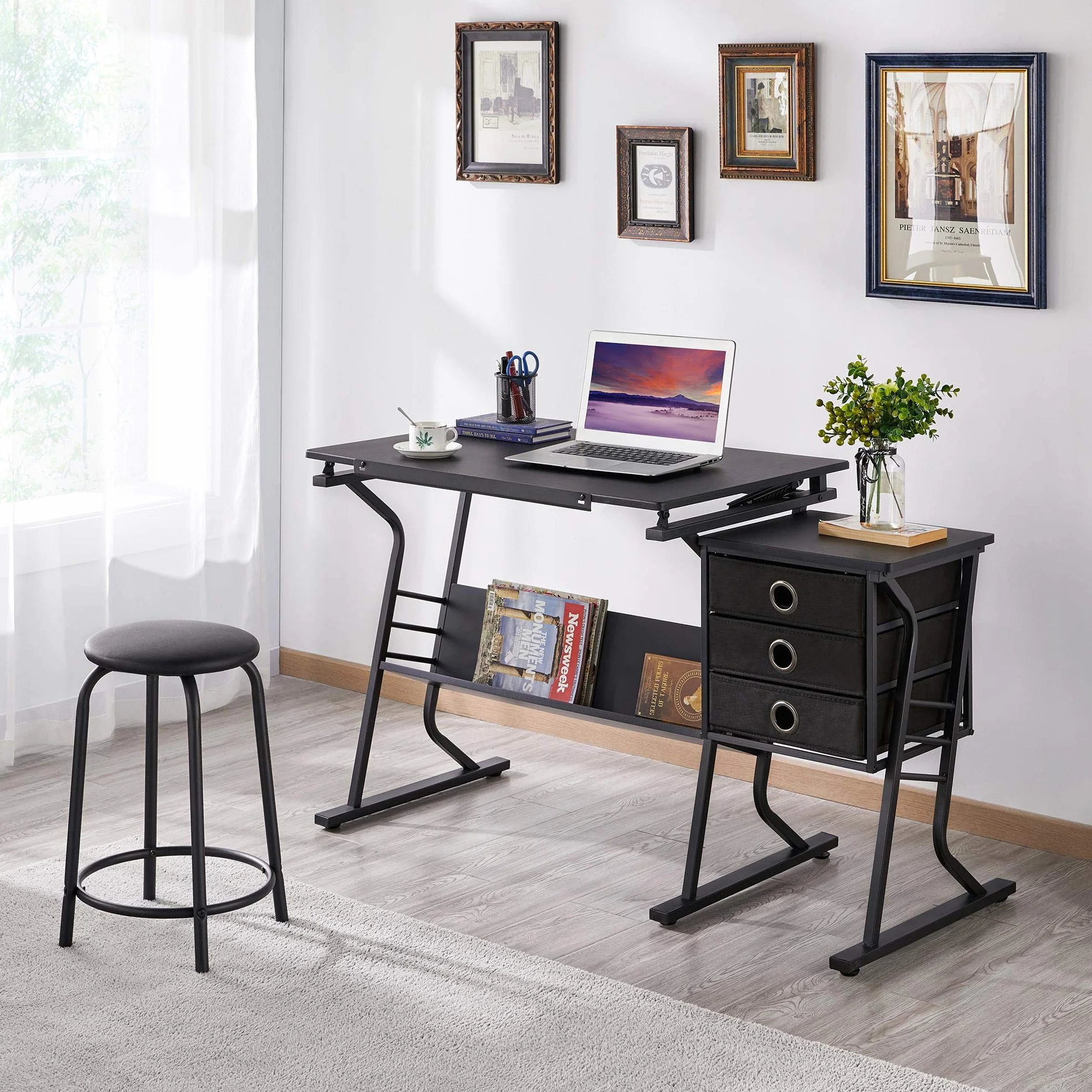 Yaheetech Set Tavolo da Disegno Inclinabile con Sgabello con 3 Cassetti Vassoio Toggle Scrivania per Disegnatore Architetto Pittore Ingegnere Nero