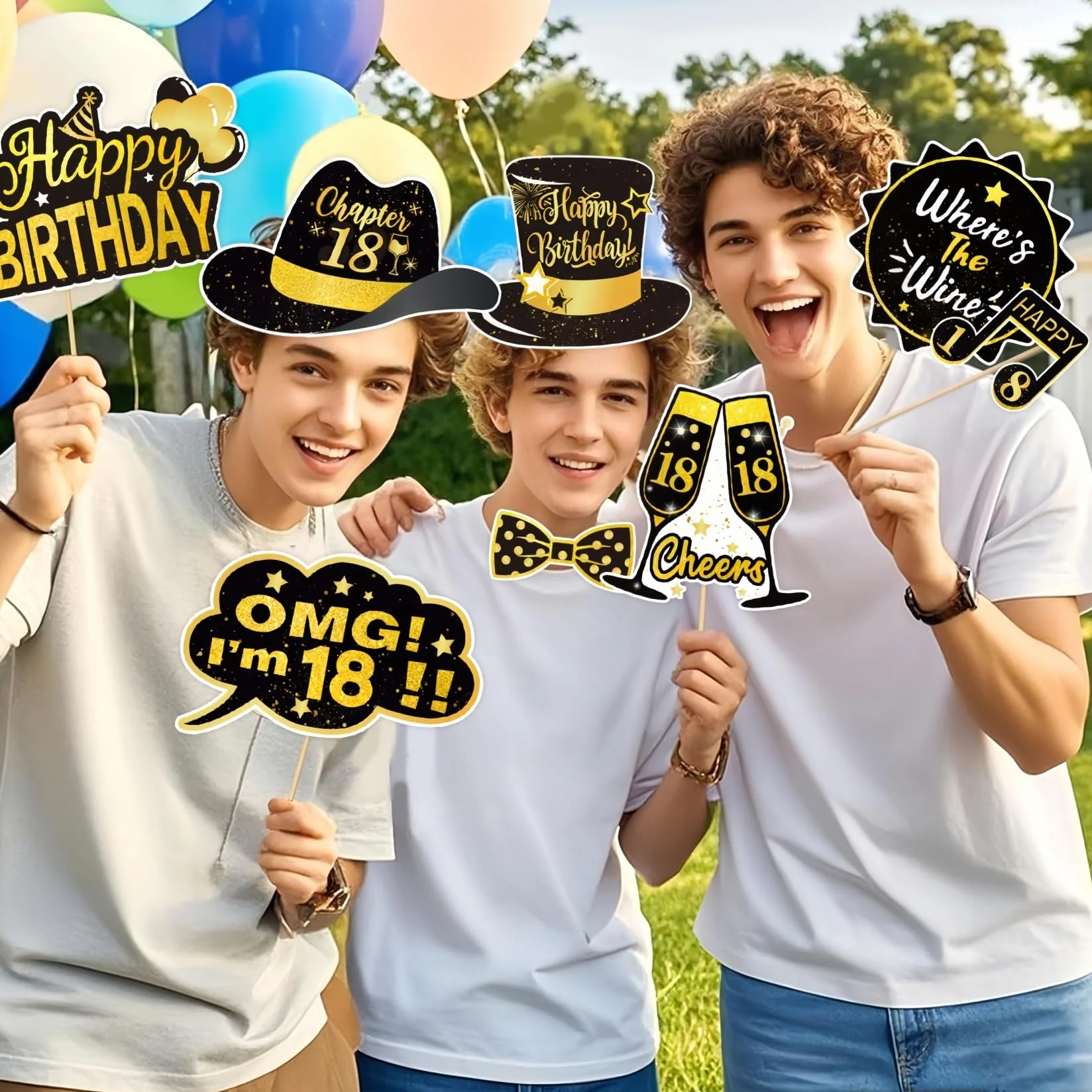 Photo Booth Compleanno 18 anni, 30 Pezzi Foto Props per Feste e Compleanni con Nero Oro, Spiritosi Fai da Te Gadget 18 anni Ragazza Ragazzo per Invitati (18th)