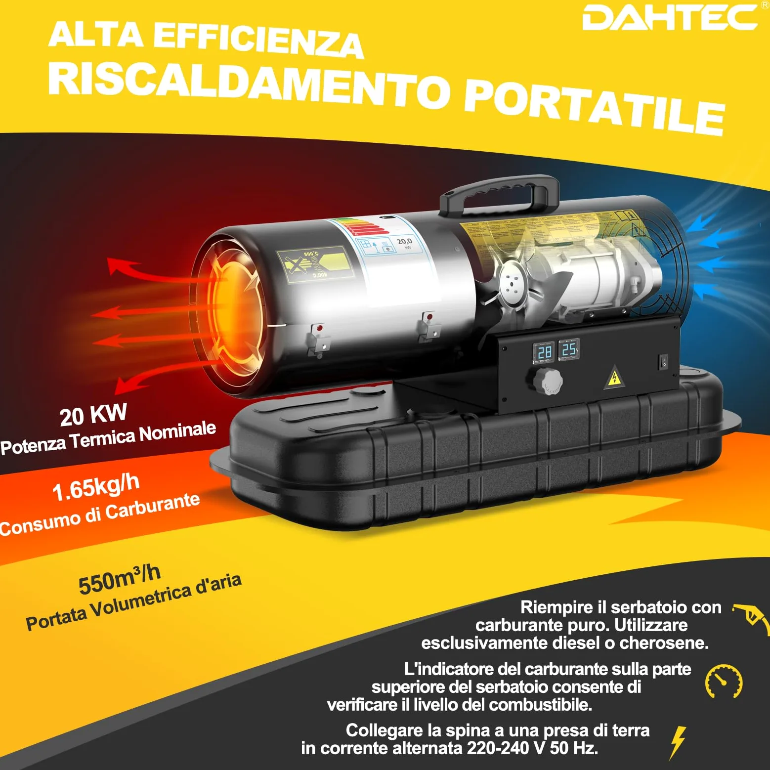 Riscaldatore Diesel 20 kW - Termoventilatore Industriale | Portata 550 m³/h - Termostato Regolabile & Indicatore Livello Gasolio - Per Officine, Cantieri, Uso Agricolo