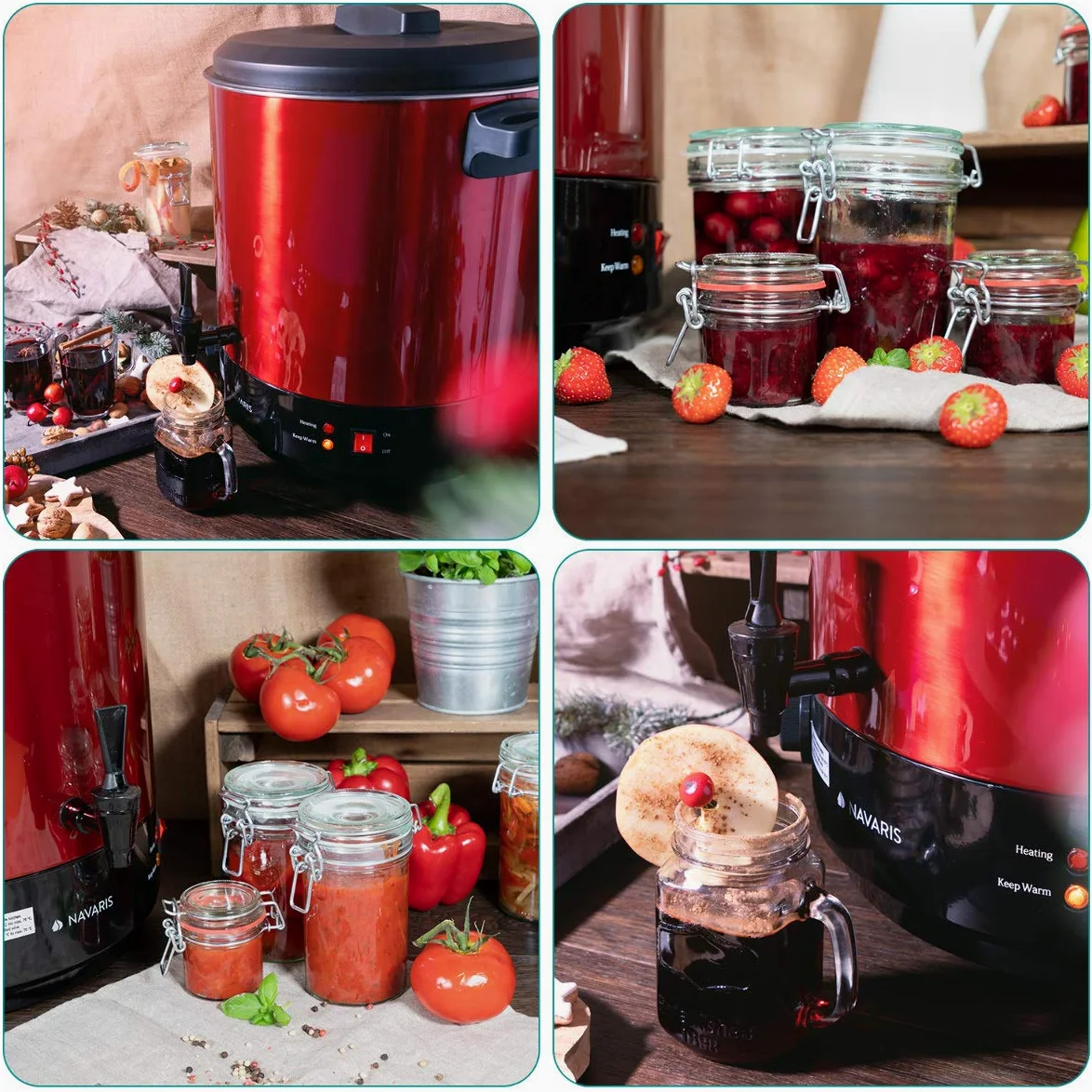 Navaris Macchina per conserva elettrica 1800W - Pentola conserve 27l con rubinetto - Bollitore distributore bevande calde in acciaio inox - rosso