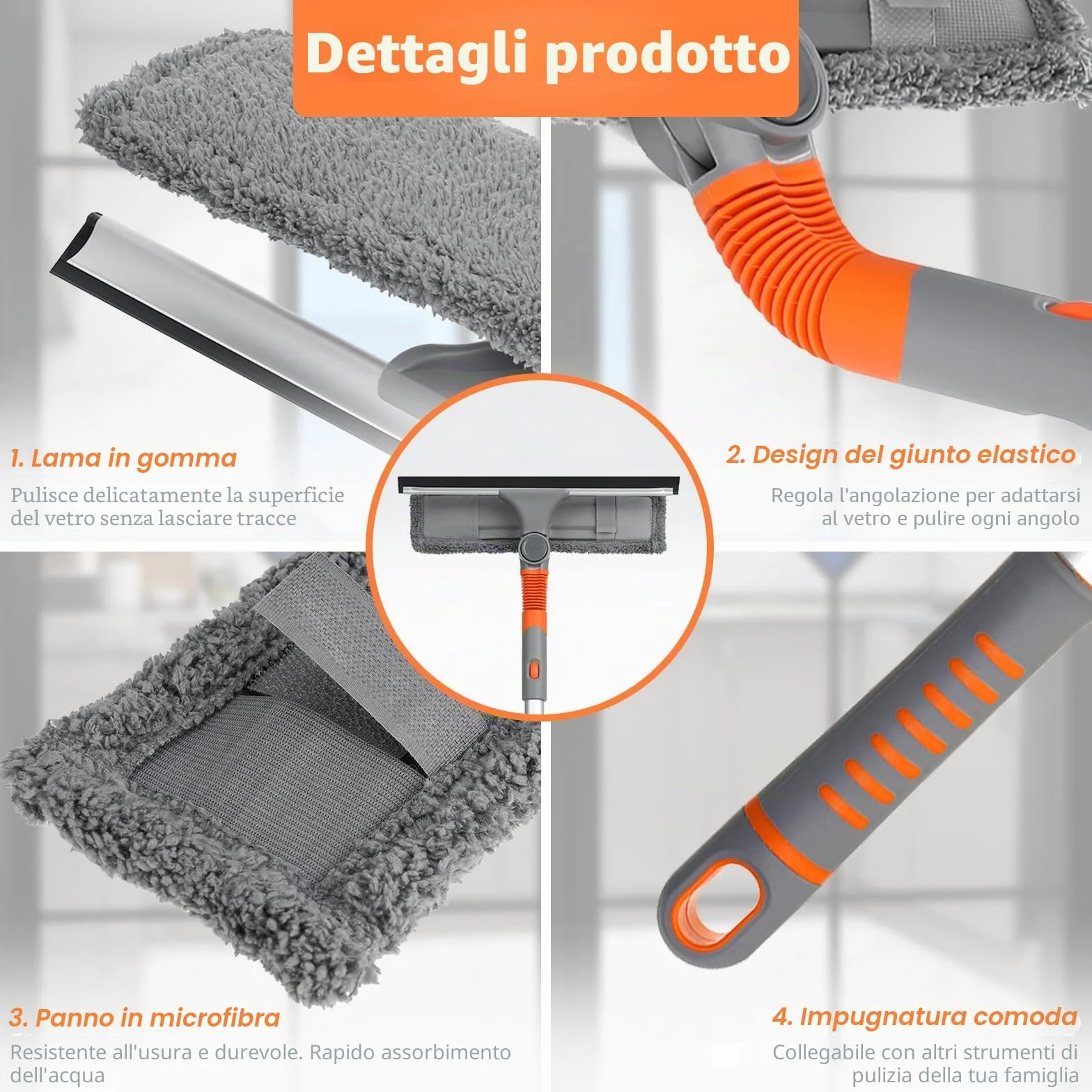 Lavavetri Professionale 2 in 1 con Manico Telescopico 254cm, Panni in Microfibra
