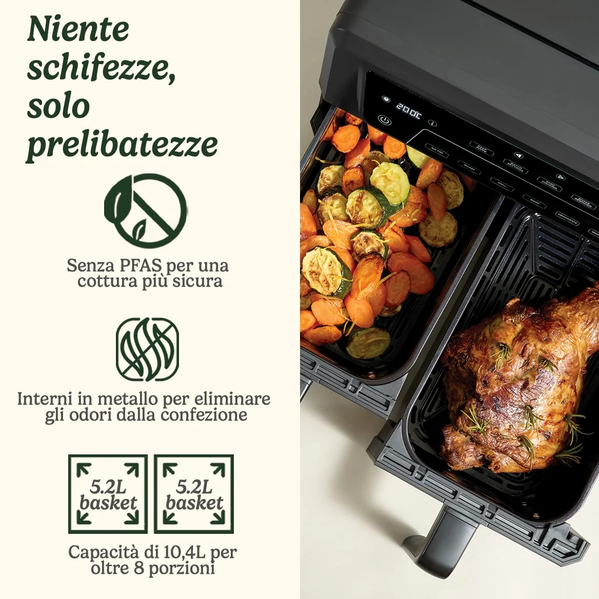 Cuisinart Air Fryer XXL Zona Doppia | Senza PFAS | Frigge, arrostisce, griglia, cuoce, disidrata | Doppio friggitrice ad aria doppio cestello 2x5,2L, oltre 8 porzioni | Parti lavabili in lavastoviglie