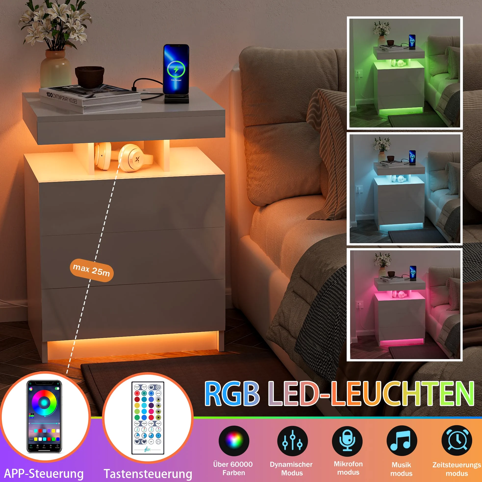 Set 2 Comodino con Presa Elettrica e LED RGB, comodini camera da letto Moderni a 3 Cassetti Laccati e Antrato Aperto, 2 AC 2 USB LED RGB e Telecomando, per Soggiorno, Bianco 50cm Larghezza