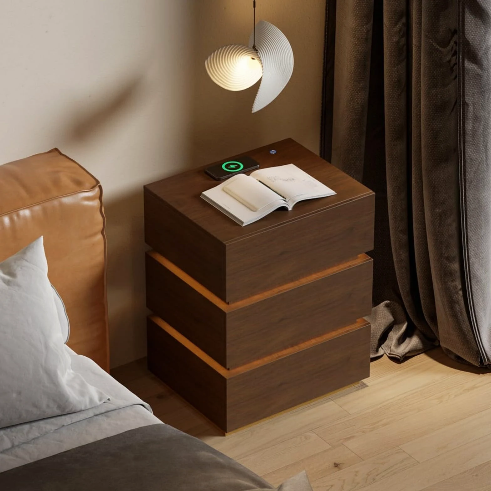 Homary Comodino intelligente LED bianco a 2 cassetti – comodino con ricarica wireless e illuminazione regolabile, design moderno per camera da letto adulto (noce, 3 cassetti)