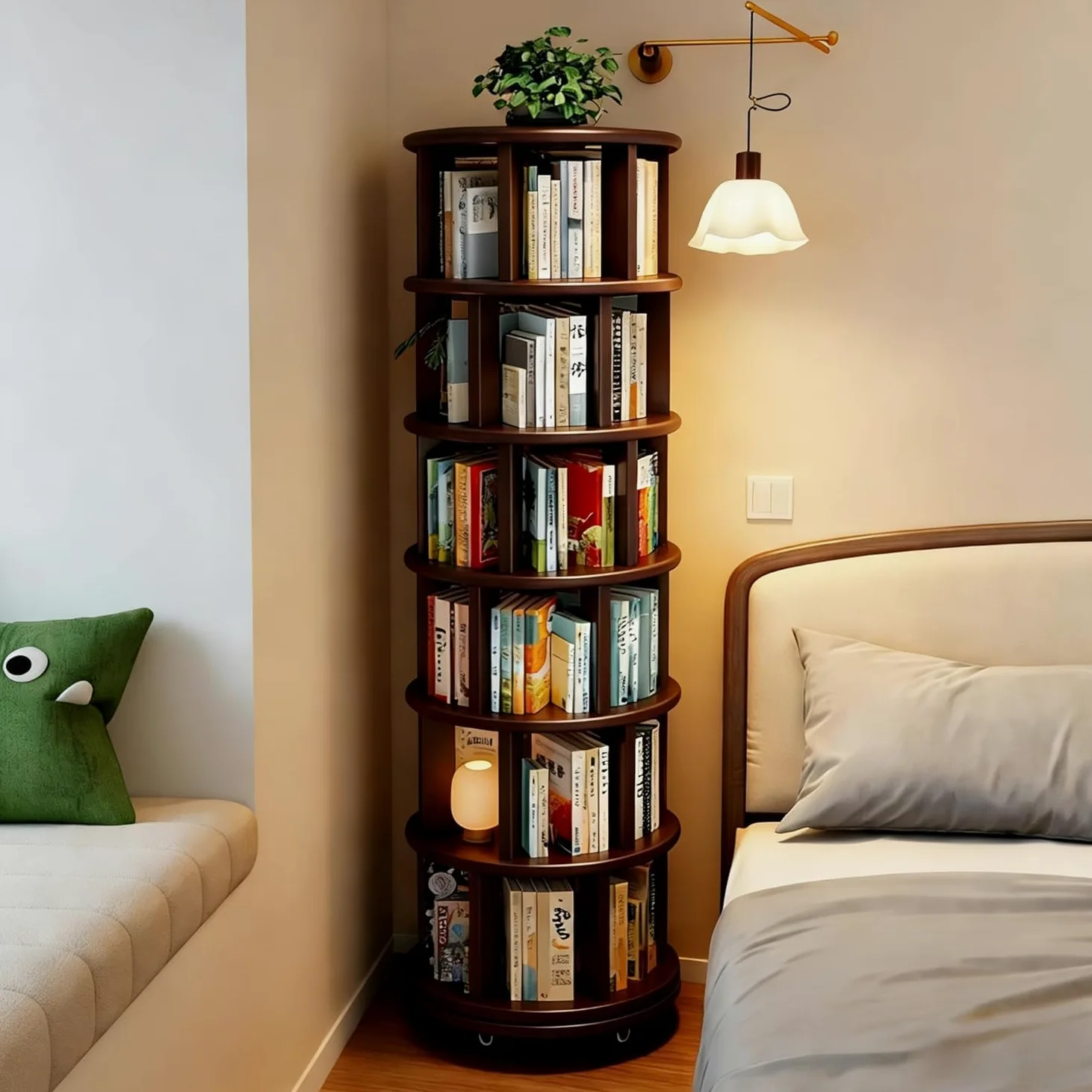 Libreria Rotante a 360° in Legno Massello, Scaffale Girevole a 6 Ripiani con Ruote, Salvaspazio per Salotto, Studio, Camera da Letto e Ufficio, Design Moderno