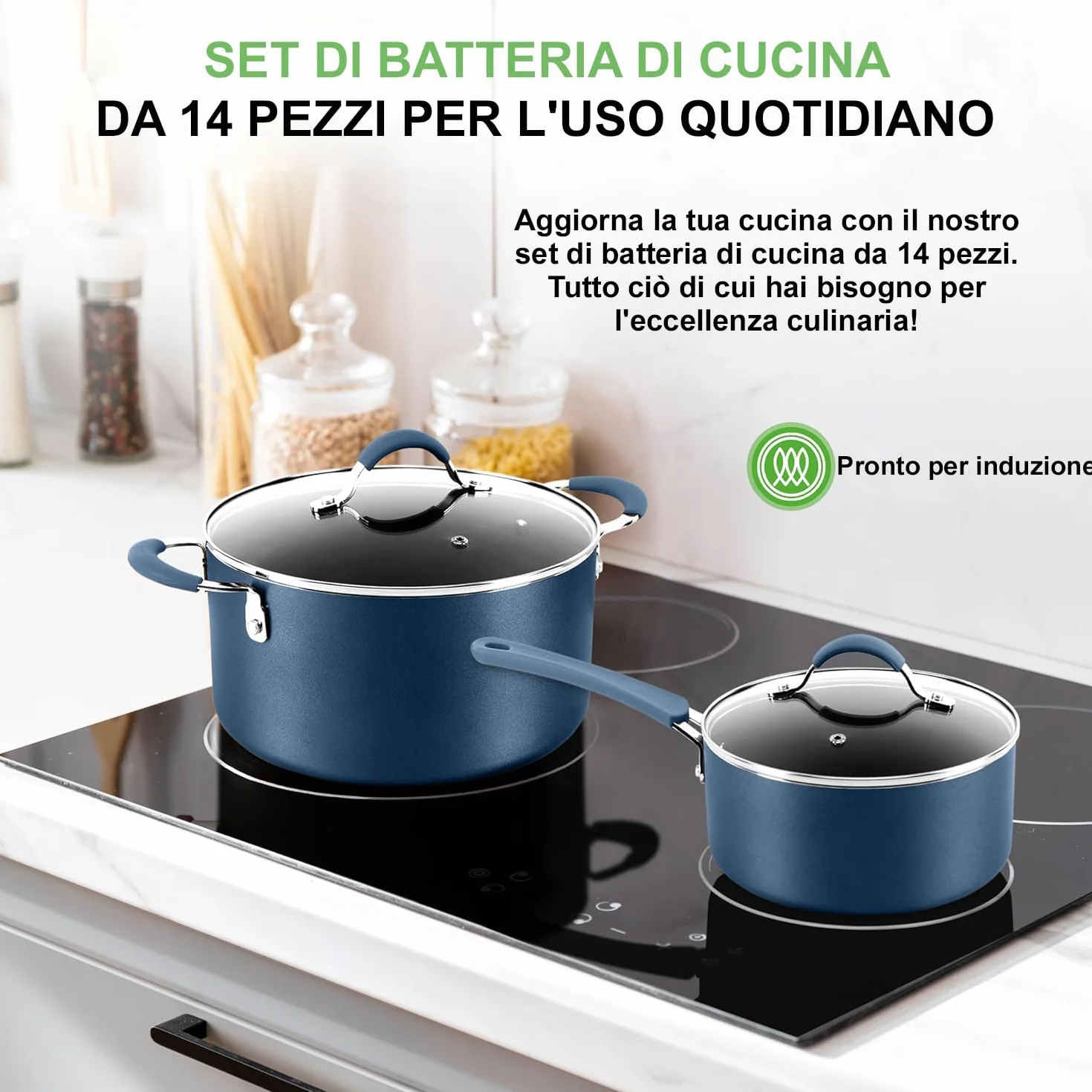 NutriChef Set di 14 Pentole e Padelle Antiaderenti, Set di Utensili da Cucina di Base di Alta Qualità, Padella Antiaderente, Alluminio, Blu