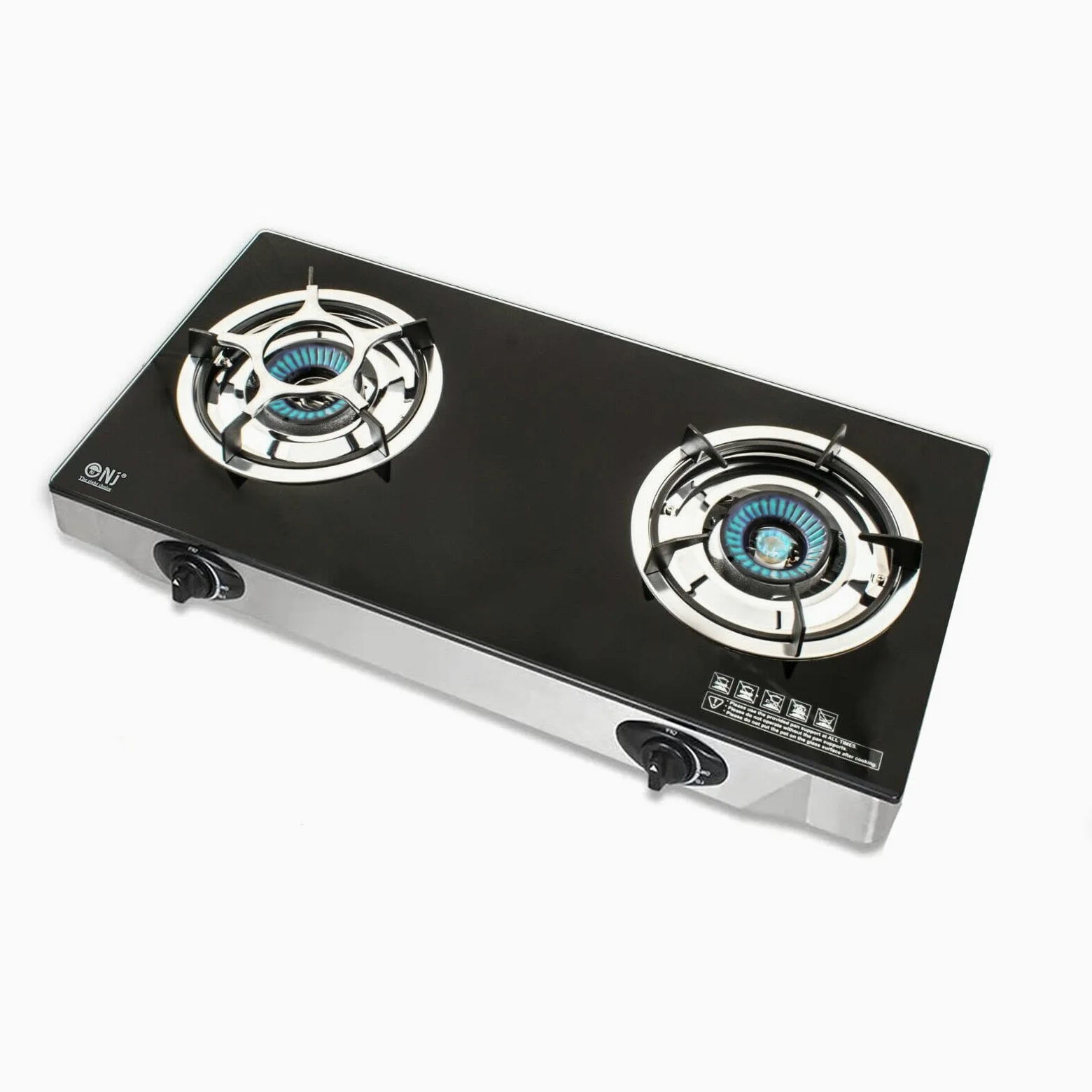 NJ NGB-S2 - Fornello a gas, 2 fuochi, in vetro, colore: nero, 6,8 kW