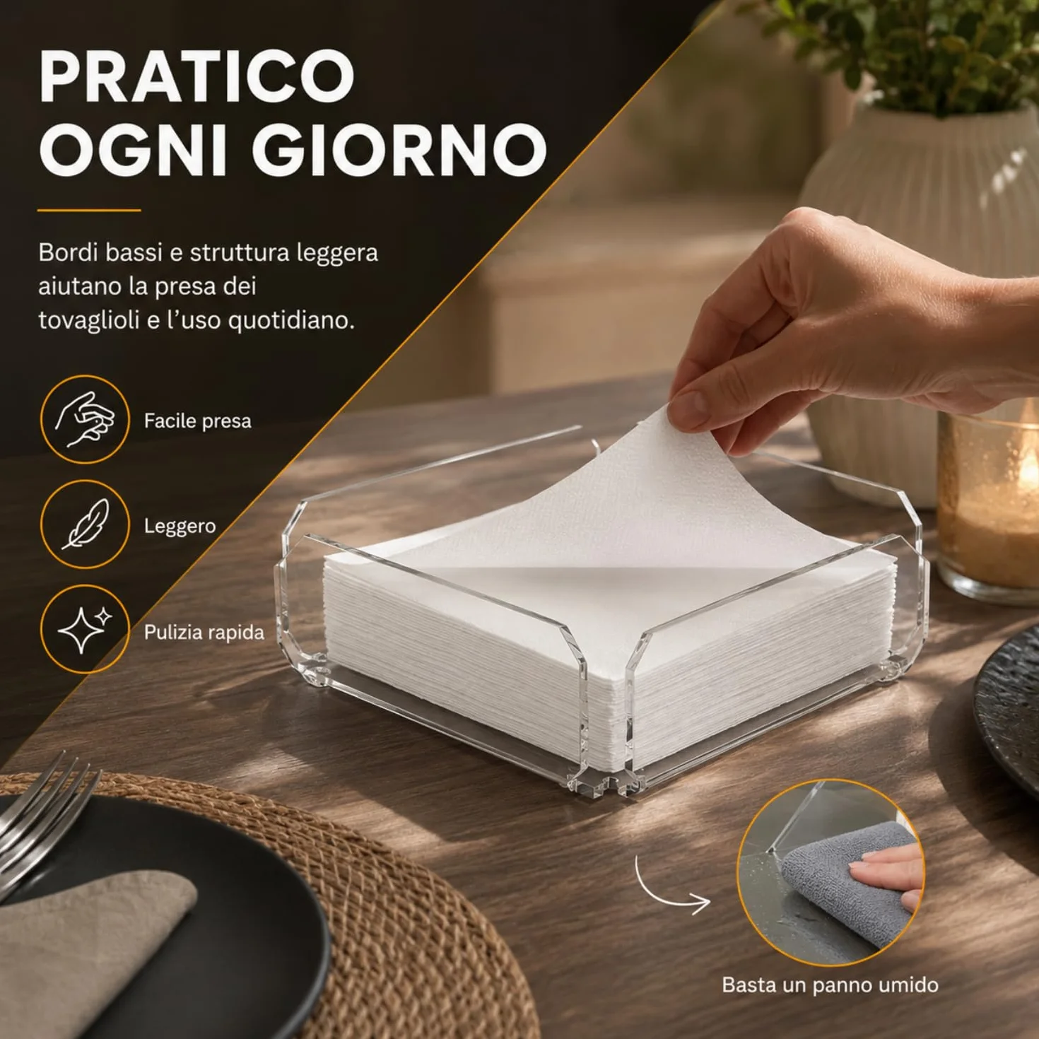 Agplex Portatovaglioli in vetro acrilico trasparente 20,5x 20,5 x5,8 cm, Porta tovaglioli da tavola design moderno - Made in Italy