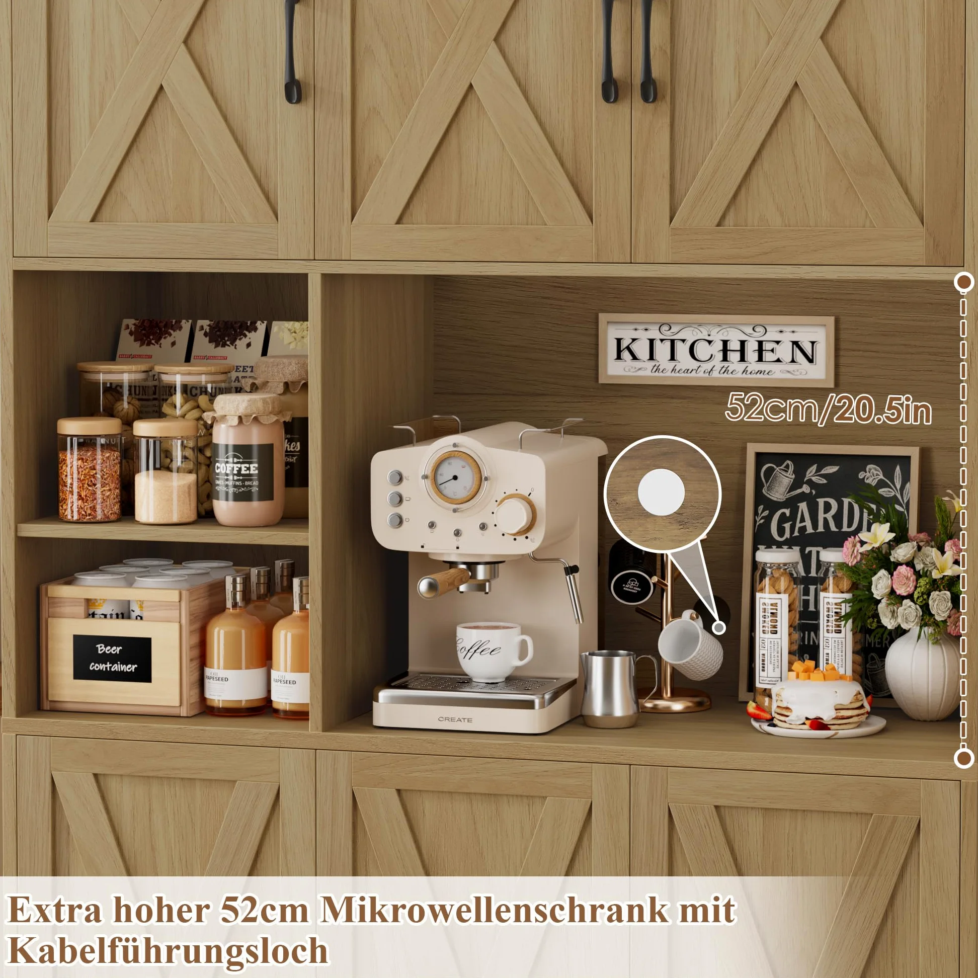 HOCSOK Credenza Cucina, Alta Dispensa Cucina con 6 Armadietti, Rimovibile Portabottiglie da parete con porta calici, Microonde con Ripiani Aperti, mobile soggiorno, Bianco (Marrone)