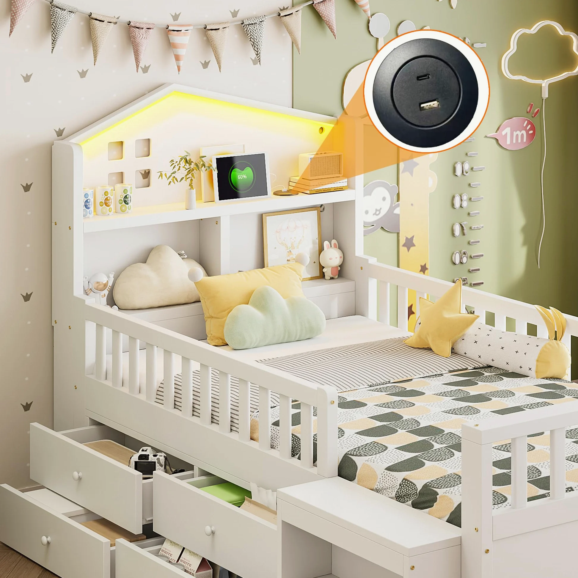 Soweiz Letto per bambini 90x200 cm, letto singolo con sponda di sicurezza, con quattro cassetti, con gradini, letto in legno massiccio con rete a doghe (bianco)