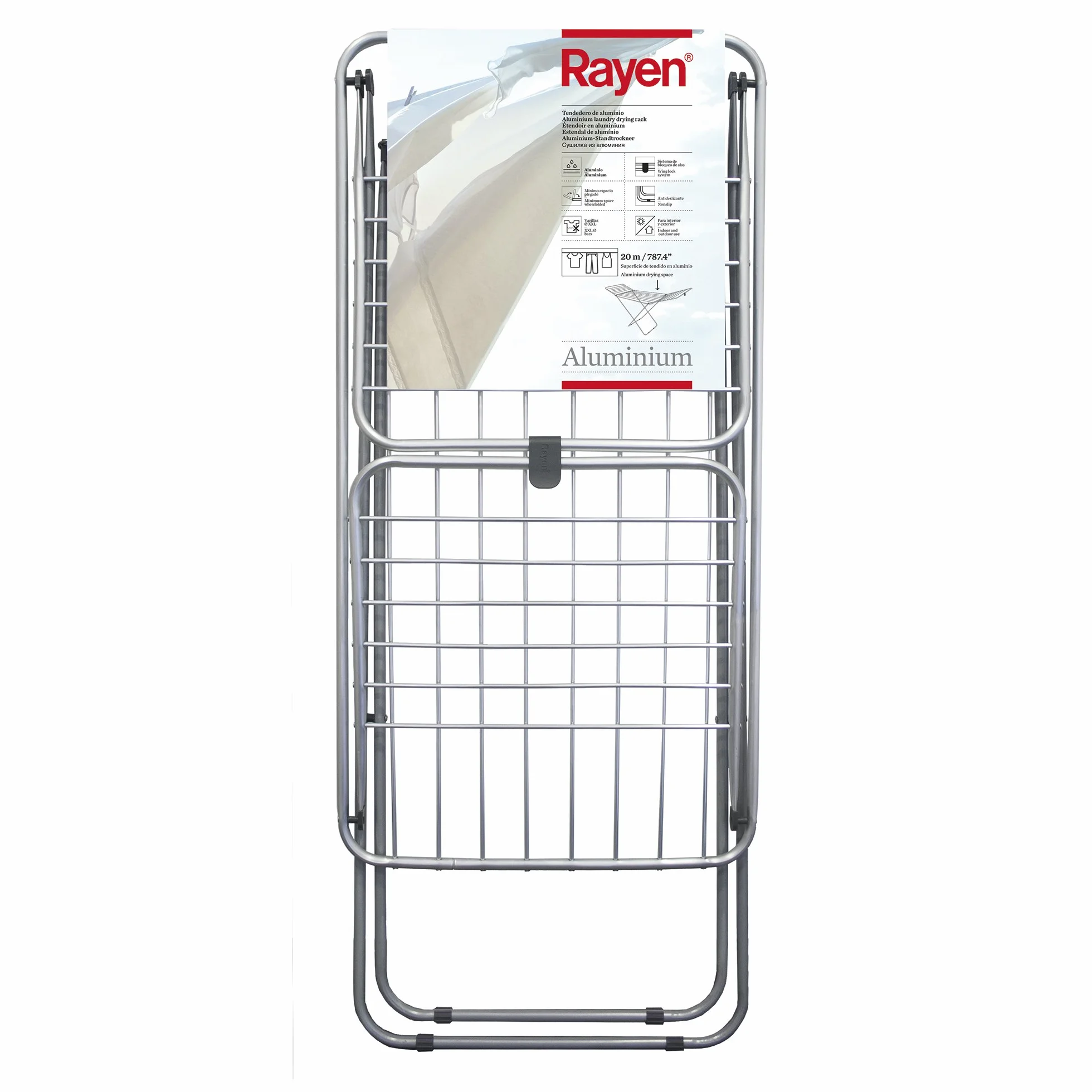 Rayen | Stendibiancheria in alluminio | Con una superficie di 20 metri | Sistema Wing Block | Stendibiancheria antiscivolo e pieghevole con aste XXL | Per interno ed esterno | 177 x