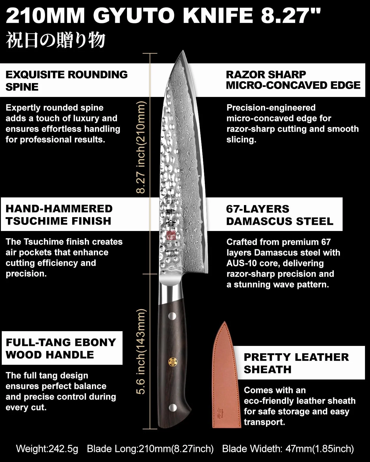 Kanngou Coltello Giapponese Damas 21 cm Coltello Gyuto in Acciaio Damasco 67 Strati, Manico in Legno di Ebano Piena Seta, Coltello da Cucina Professionale con Cofanetto Regalo Premium