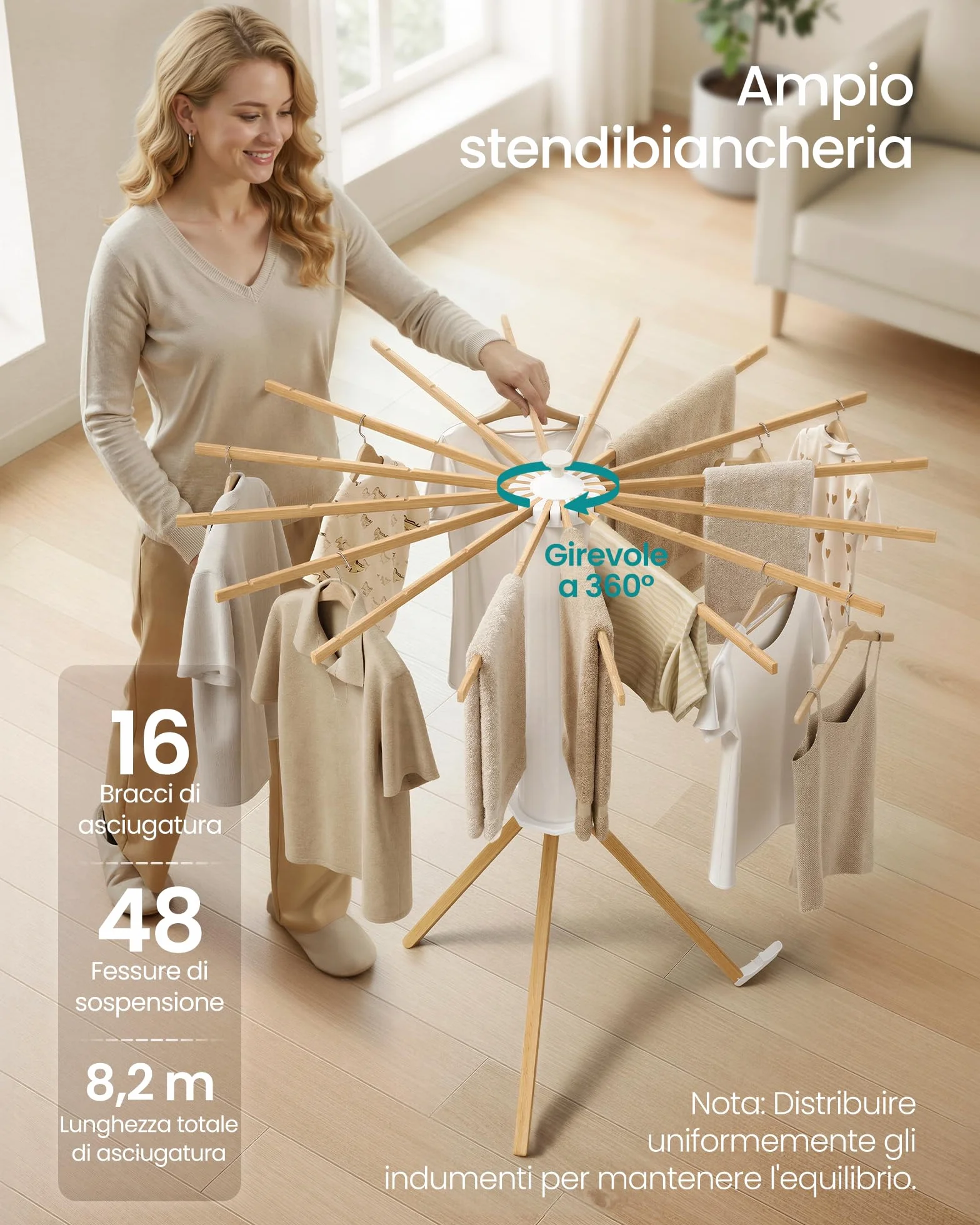 SONGMICS Stendibiancheria, Stendino Verticale, Pieghevole Portatile, Risparmia Spazio, Girevole, Estensibile, Lavanderia Balcone, 16 Bracci in Legno, Colore Naturale LLR530YW01