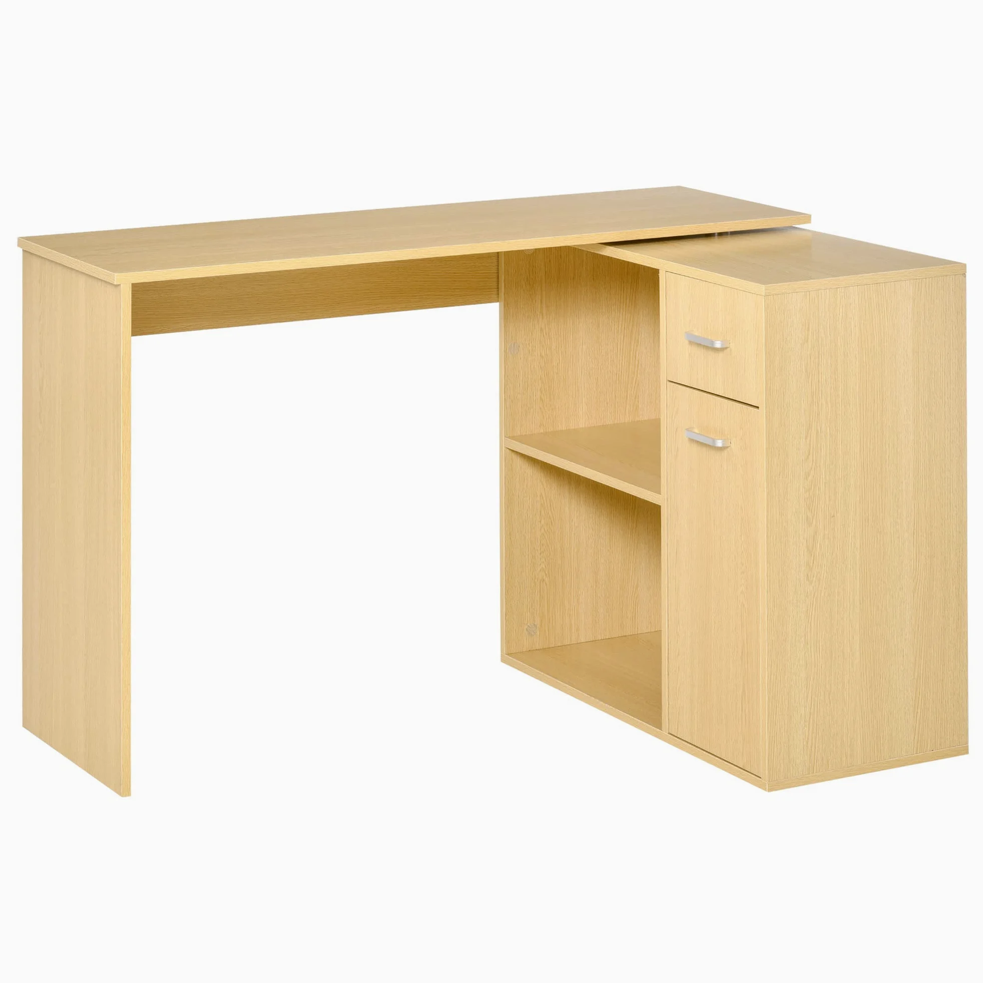 HOMCOM Scrivania Angolare per Studio 2 Cassetti 117x82x74cm Rovere Legno | per Ufficio, 2 Ripiani, Scrivania Moderna