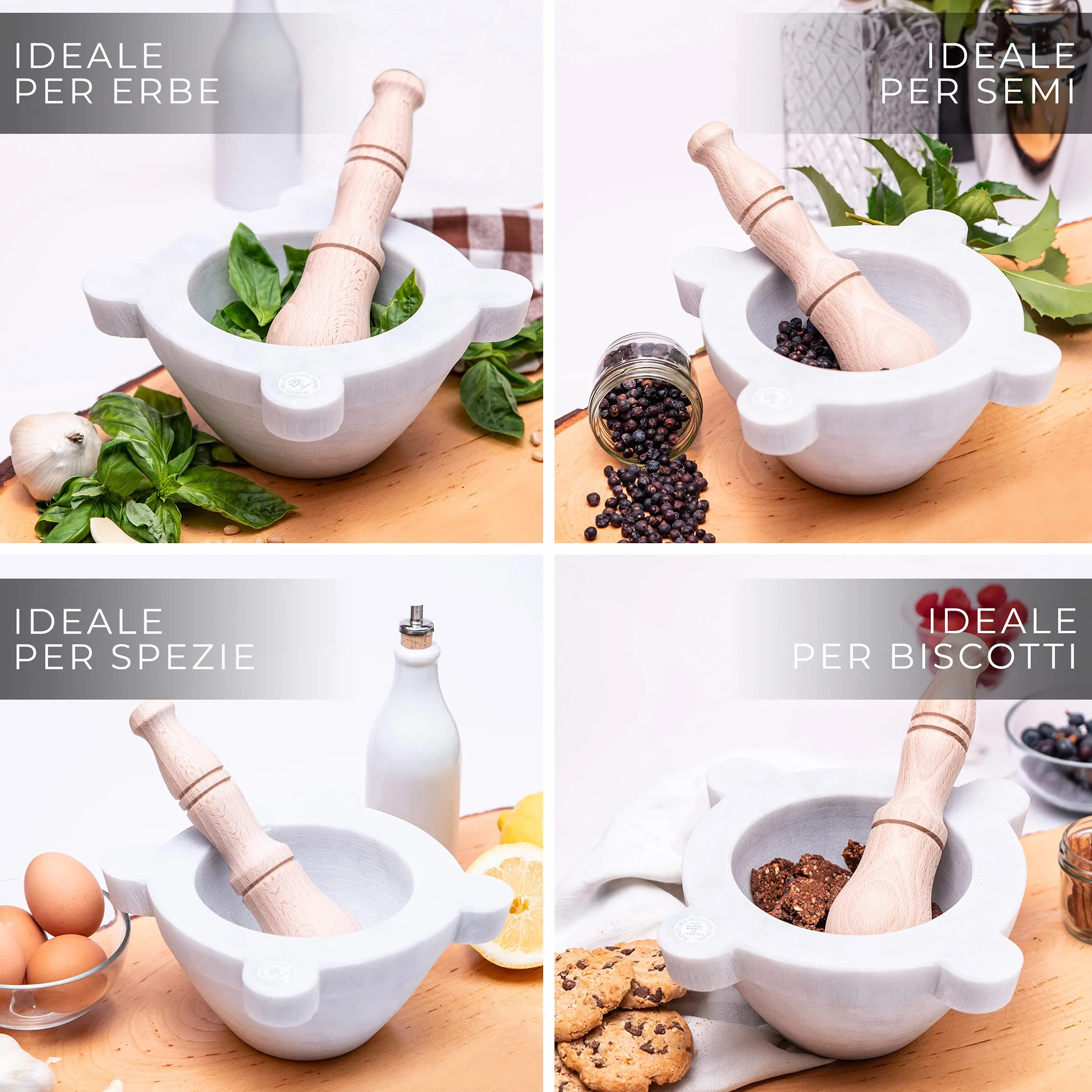 Mortaio Artigianale Bembo Marmo Bianco Carrara Pestello Legno Faggio Made in Italy Modello Genovese ø 20 cm