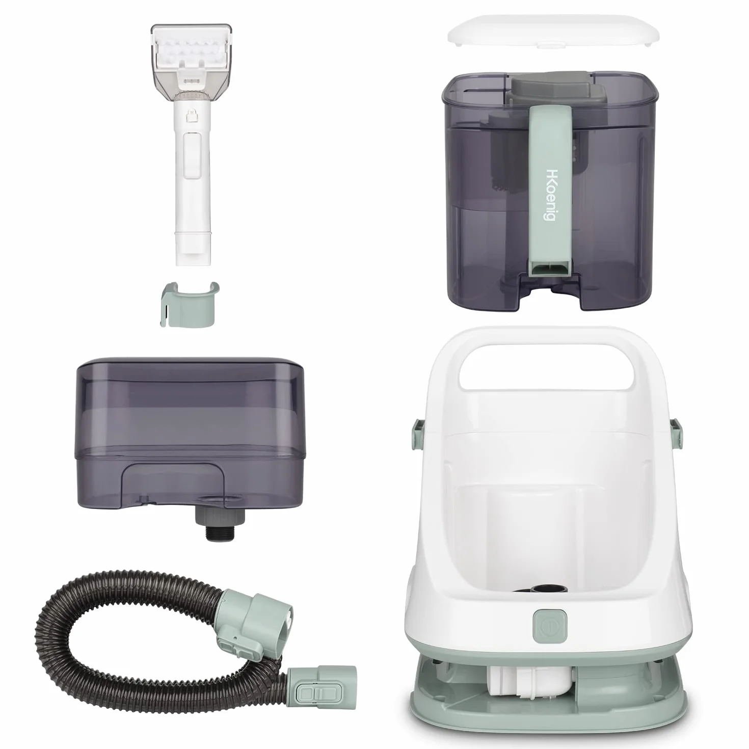 H.Koenig Pulitore smacchiatore TWT77 per tessuti:Tappeti/Divani/Poltrone/Materassi, Serbatoi acqua pulita e sporca rimovibili,spazzola di ricambio, potente, compatto,trasportabile,650W, Bianco e Verde