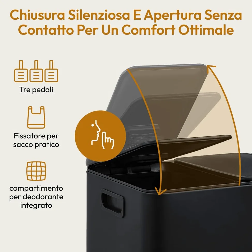 CASABEL Pattumiera Differenziata 3 Scomparti 3x20L, in Acciaio Inox Nero, Secchio Spazzatura - Pattumiera da Cucina per Riciclaggio Rettangolare a Pedale - Bidoni Differenziata da Interno