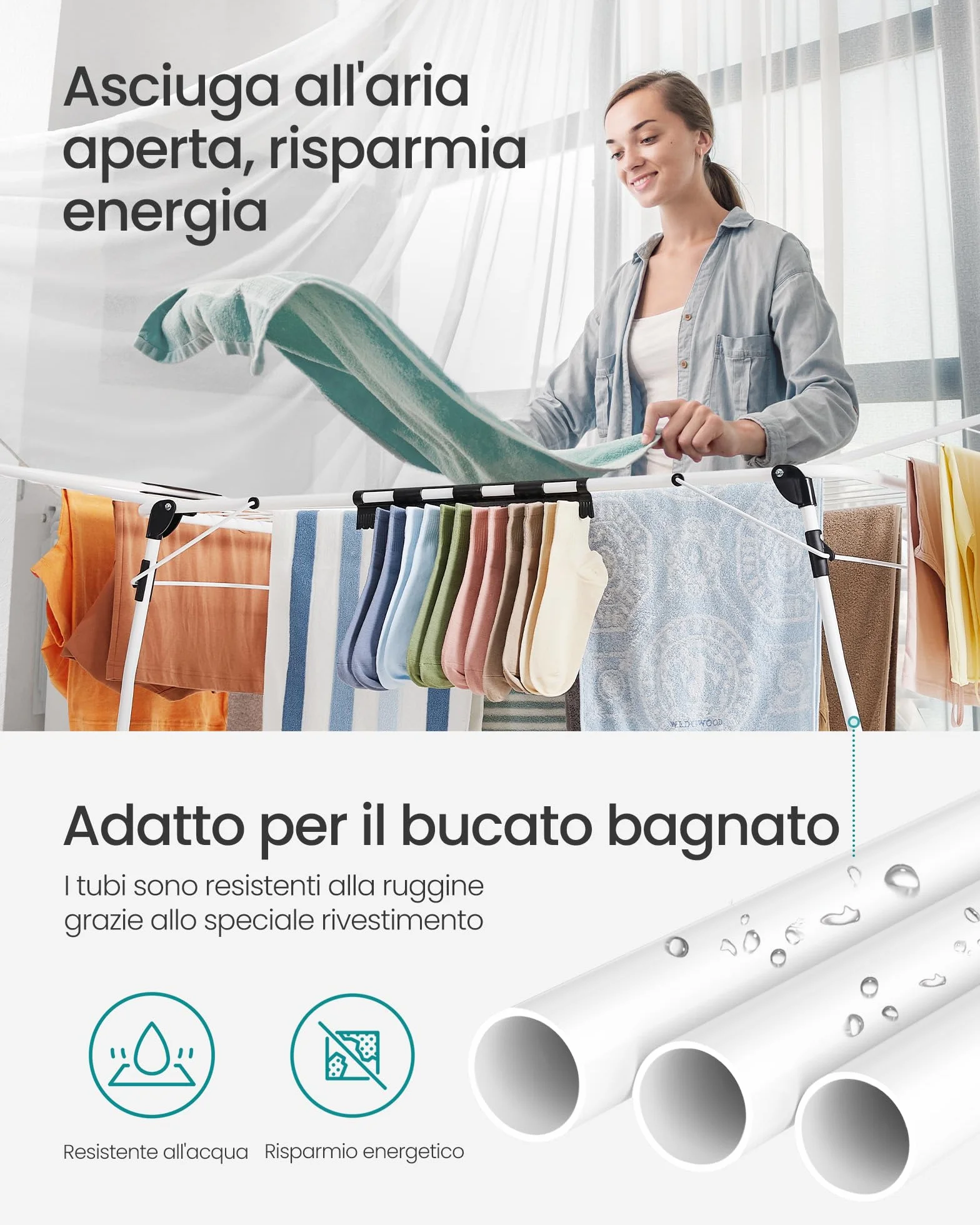 SONGMICS Stendibiancheria metale 56,5 x 173 x 96,5 cm con supporto per calze