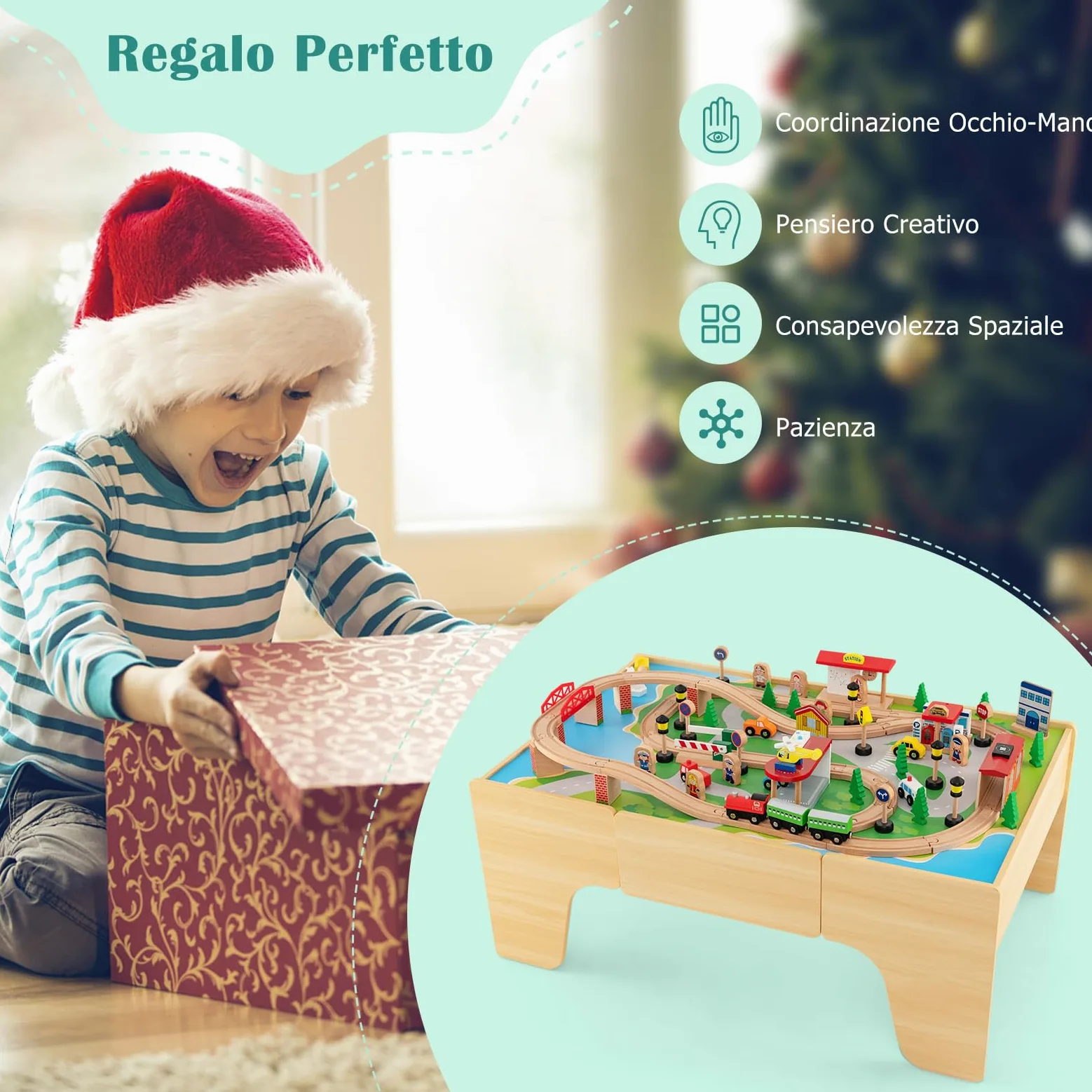 RELAX4LIFE Tavolo Attività in Legno per Bambini con Binari e Treno, da 84/80 Pezzi, Piano Reversibile e Rimovibile, Cassetto per Ragazzi e Ragazze (Naturale,84 pezzi)