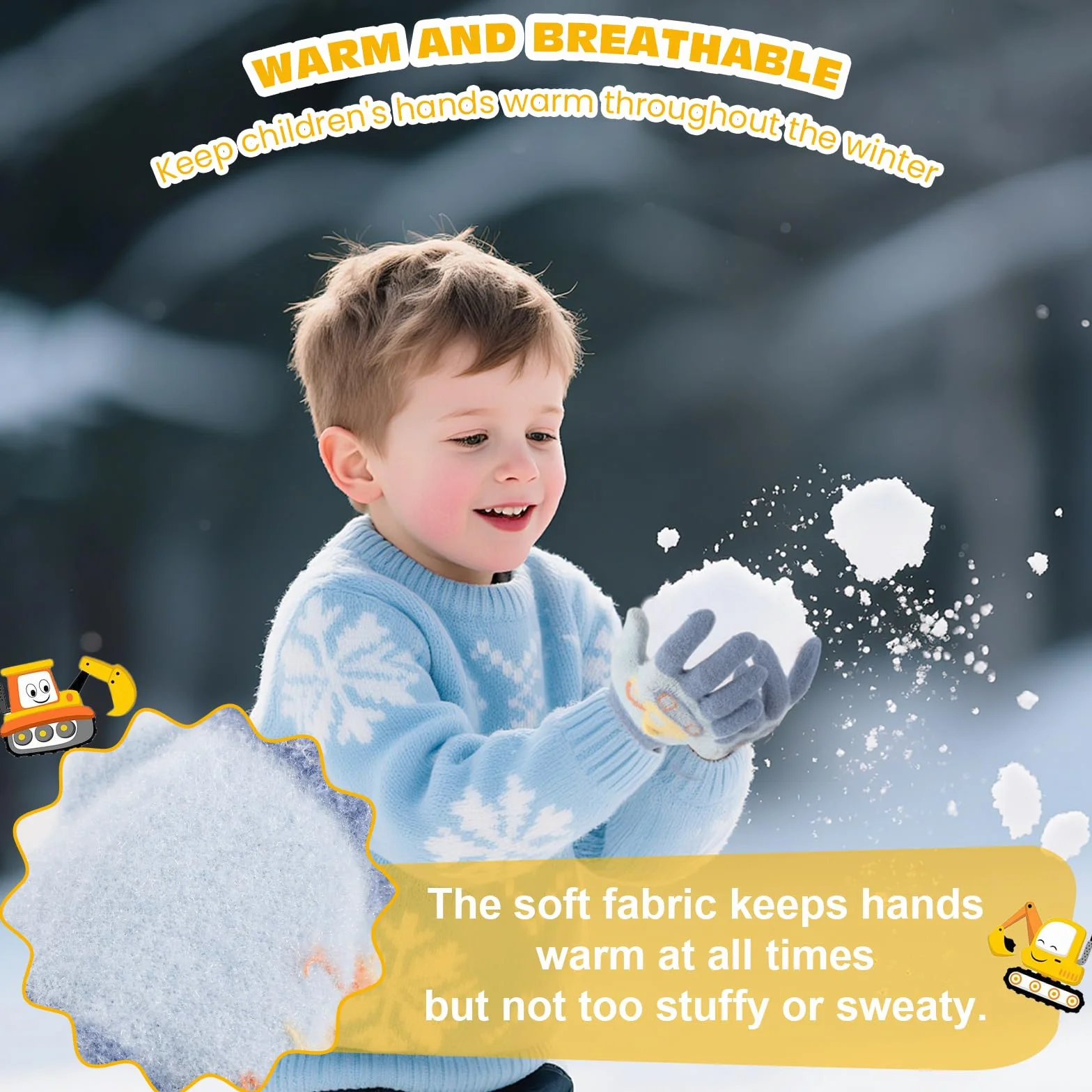 QKURT Guanti magici per bambini motivo a escavatore 3 paia guanti invernali termici elasticizzati dita intere 1-3 anni