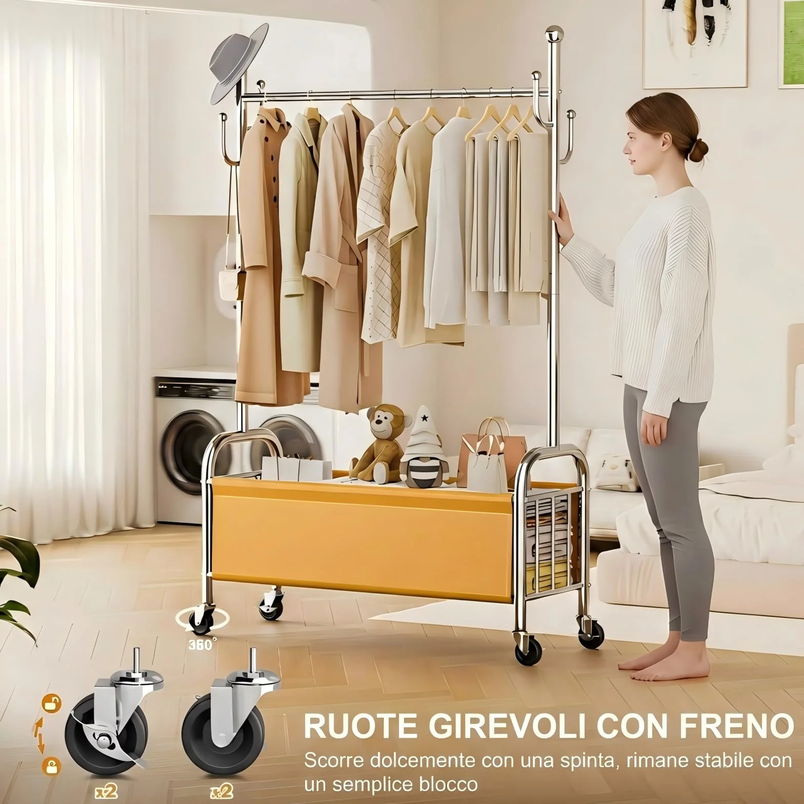 Appendiabiti da Terra in Acciaio Inox con Ruote, 3 in 1, Portata 115 kg