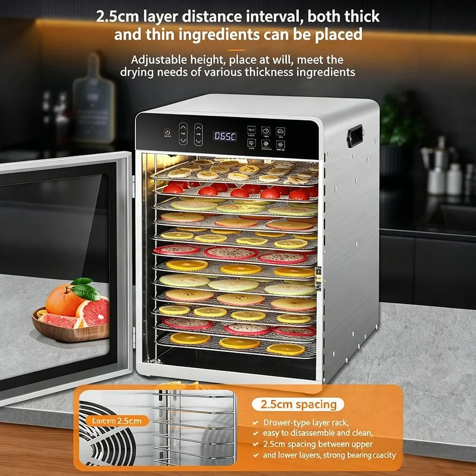 Essiccatore per Alimenti professionale 800W in Acciaio Inox, 10 Vassoi in Acciaio Inox, Grande Capacità, Display LED, Timer 24H, Temperatura Regolabile 30℃ – 90℃, per Carne, Frutta, Verdure(10 tray)