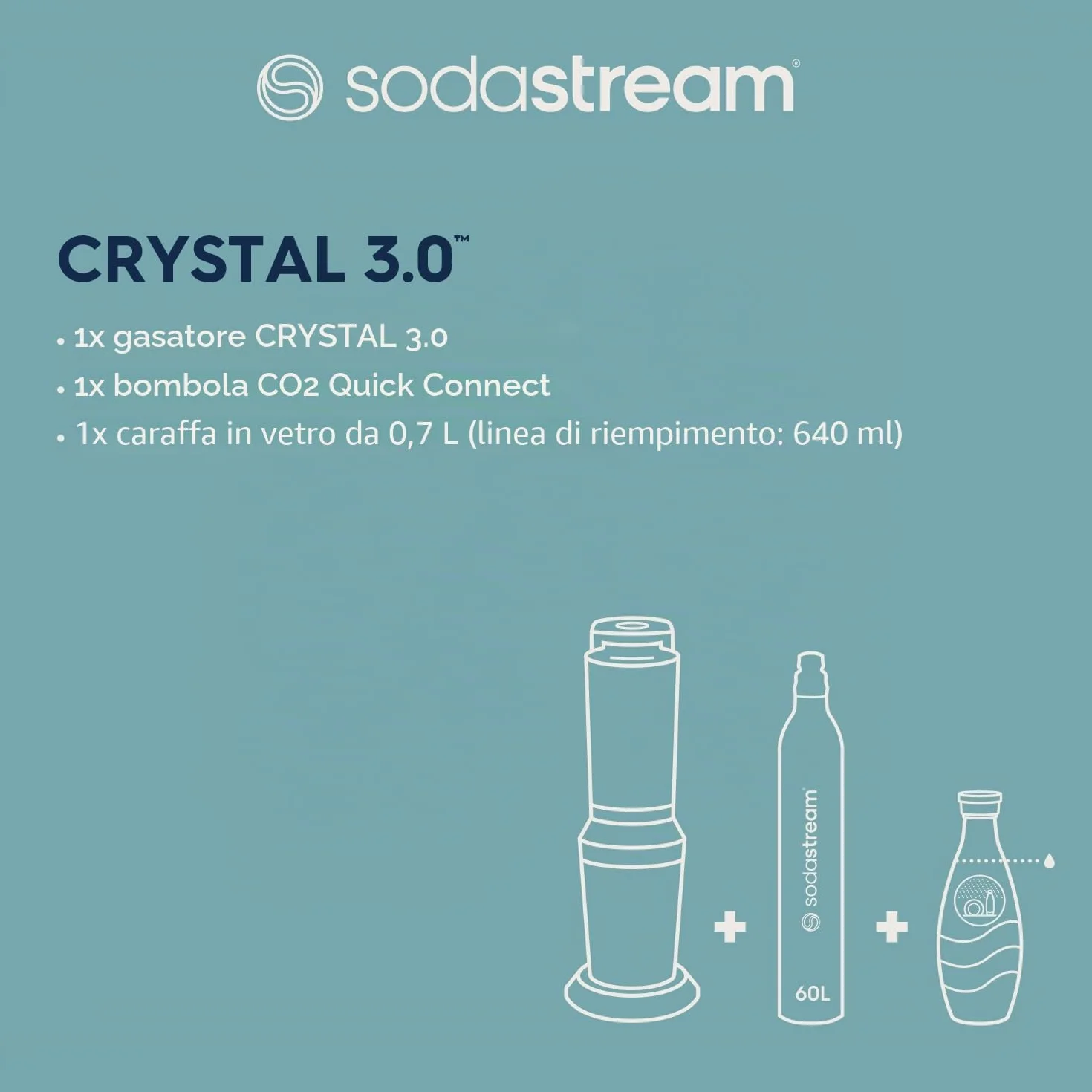 Sodastream Crystal Nero Gasatore acqua frizzante bombola CO2 bottiglia vetro 1L