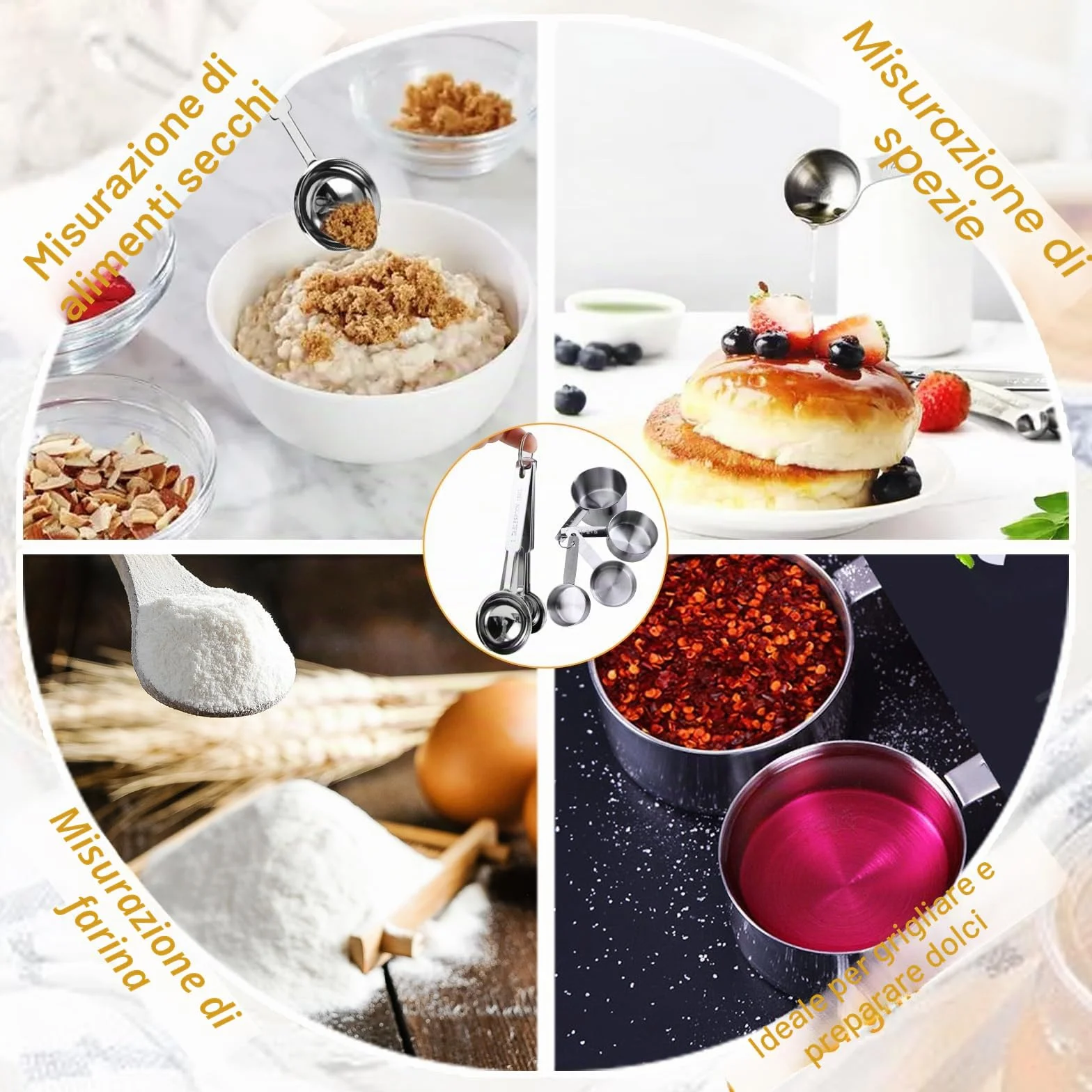 10pz Acciaio Inossidabile Misurare tazze e Cucchiai Dosatori Misurini Cucina in Acciaio Inox 304 Cucchiai Graduati Measuring Spoons Cucchiaio Dosatore per Dolci Ingredienti Cottura