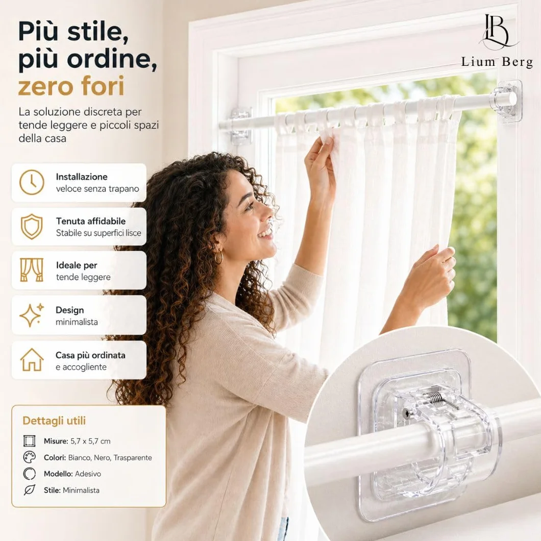 Ganci per Tende Senza Bucare Infissi PVC Adesivi - Supporto Reggi Bastone Autoadesivo Forte, Trasparente