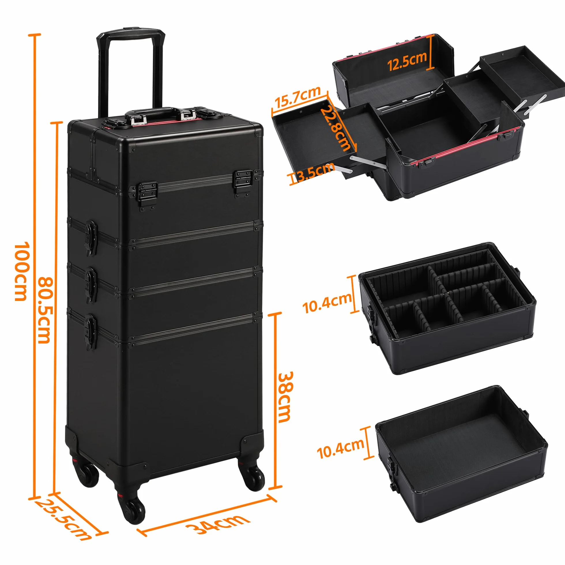 Yaheetech 4 in 1 Valigia Trolley Make Up da Trucco Beauty Case Professionale Grande Porta Trucchi per Estetista Parrucchiere da Viaggio Nero
