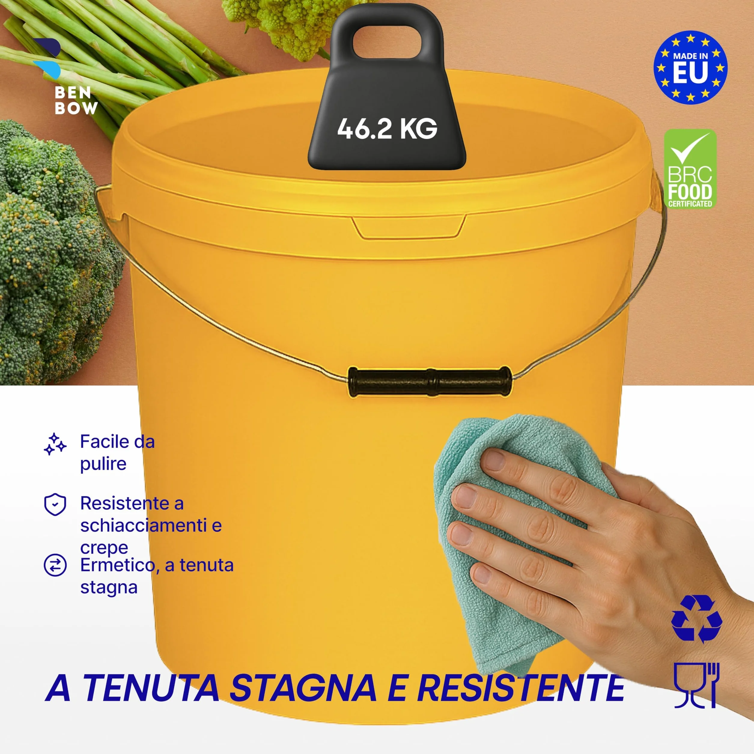 BenBow Secchio con coperchio, 30 l, giallo, 1 x 30 litri - Alimentare stabile ermetico a prova di perdite neutro inodore contenitore in plastica con manico in metallo vuoto - per uso domestico