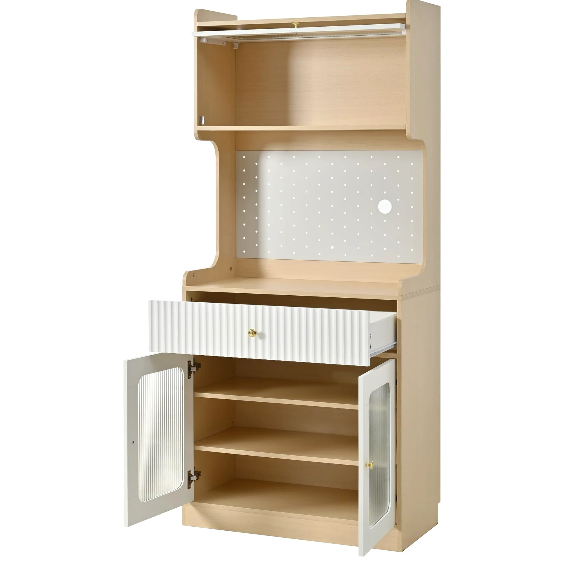 MURUL Highboard naturale/bianco, con LED, vetro scanalato, ripiani regolabili e cassetti, ideale per cucina, sala da pranzo e soggiorno