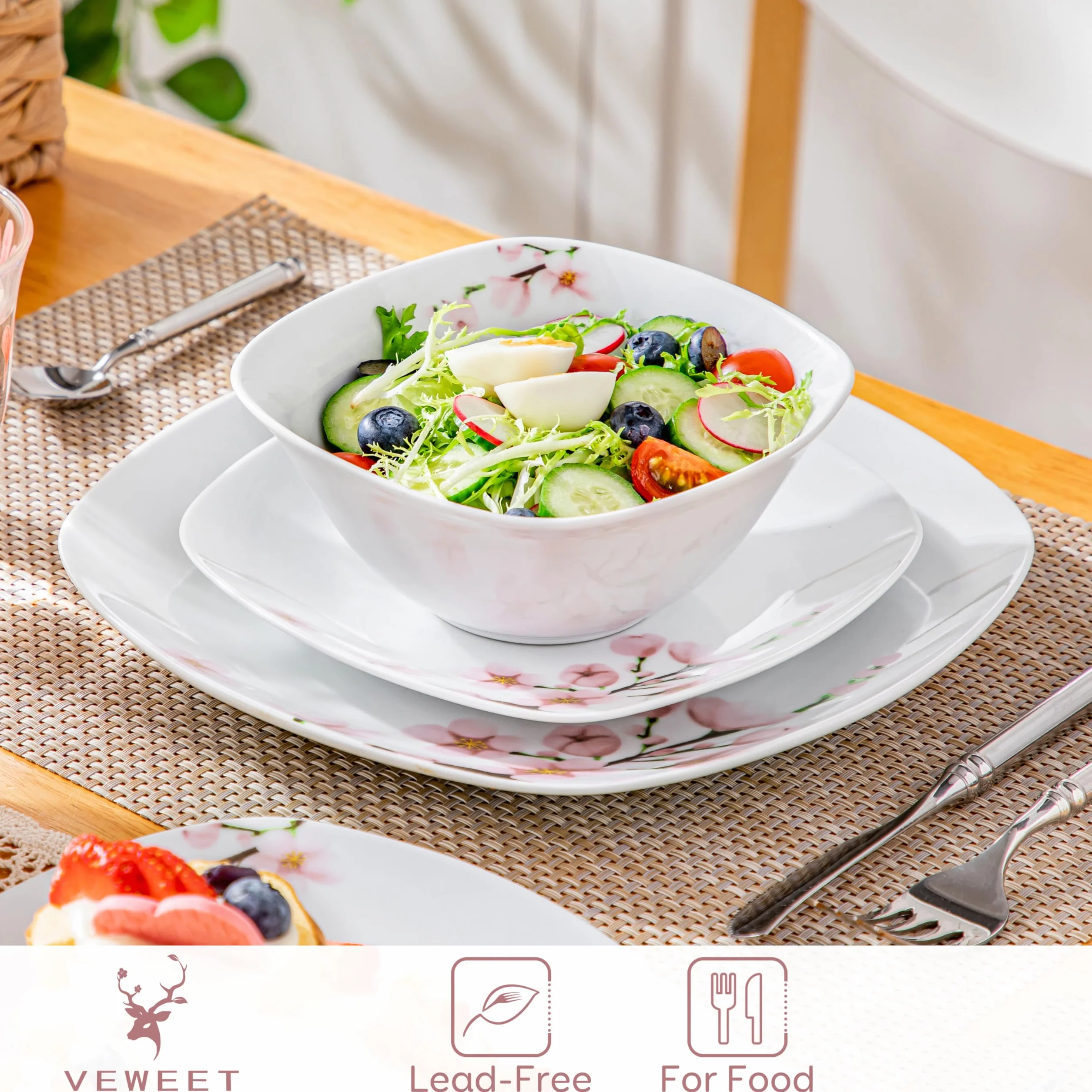 VEWEET Set di Stoviglie in Porcellana per 4 Persone - 12 Pezzi Con Motivo Floreale Rosa, Include Piatti Piani, da Dessert e Ciotole per Cereali