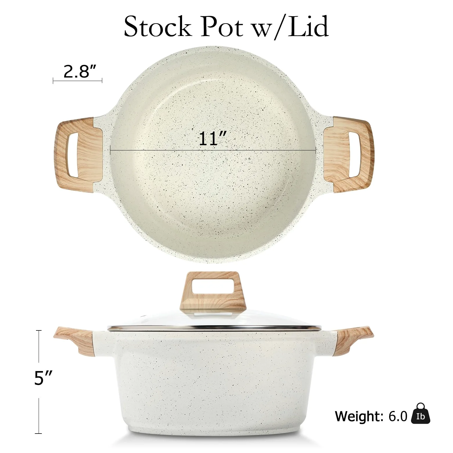 ESLITE LIFE Pentola antiaderente con coperchio, in granito da 7 litri, grande, per zuppa, pasta, compatibile con induzione, senza PTFE e PFOA, bianco