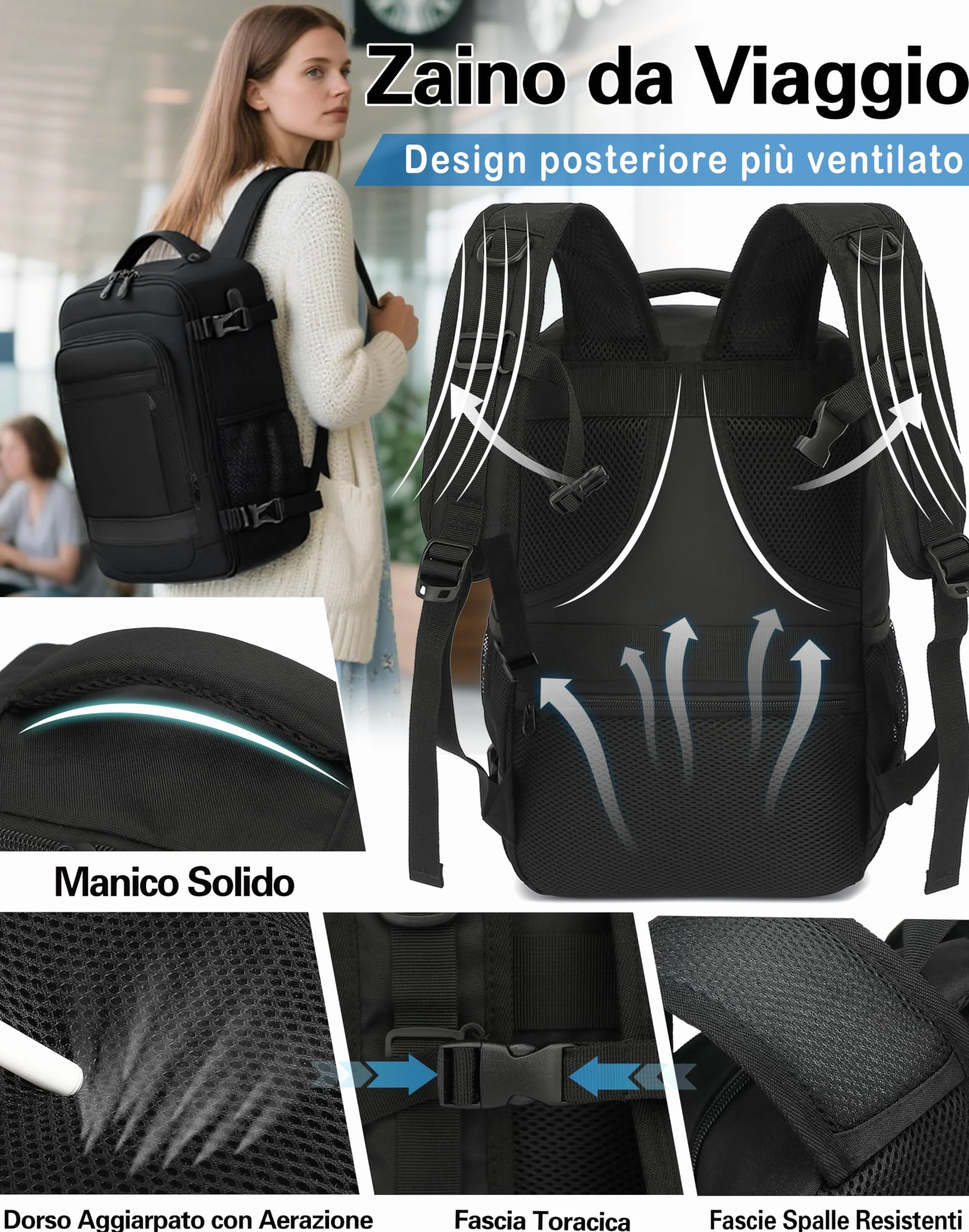 KLOSTAIN Zaino Ryanair 40x20x25 Bagaglio a Mano 20L Borsa da Cabina Nero
