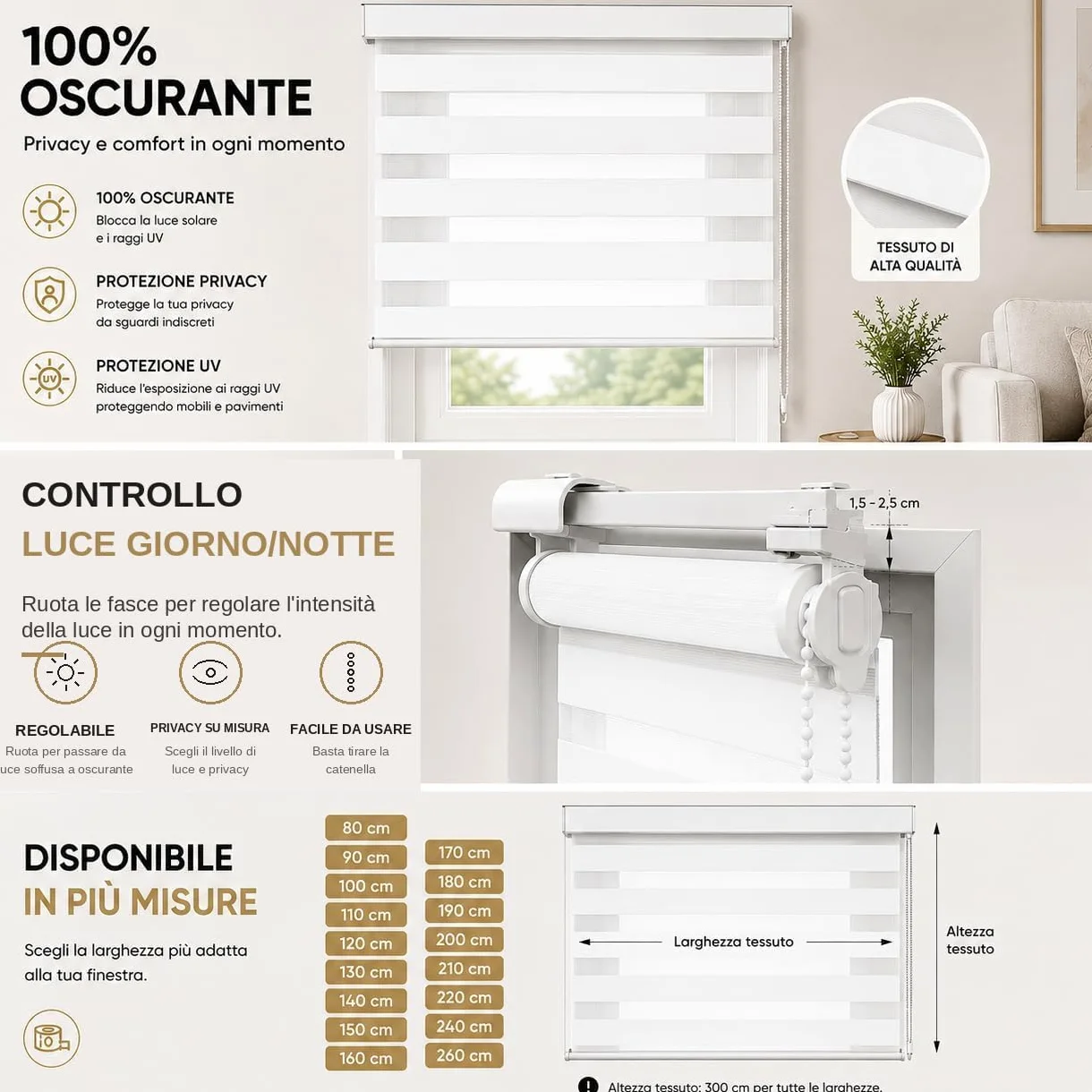 Tenda a Rullo per Interni Doppio Strato con Cassonetto e Catenella, Adatto a Finestra/Porta Finestra, Regolazione Luce e Privacy (Bianco001, 120x300)