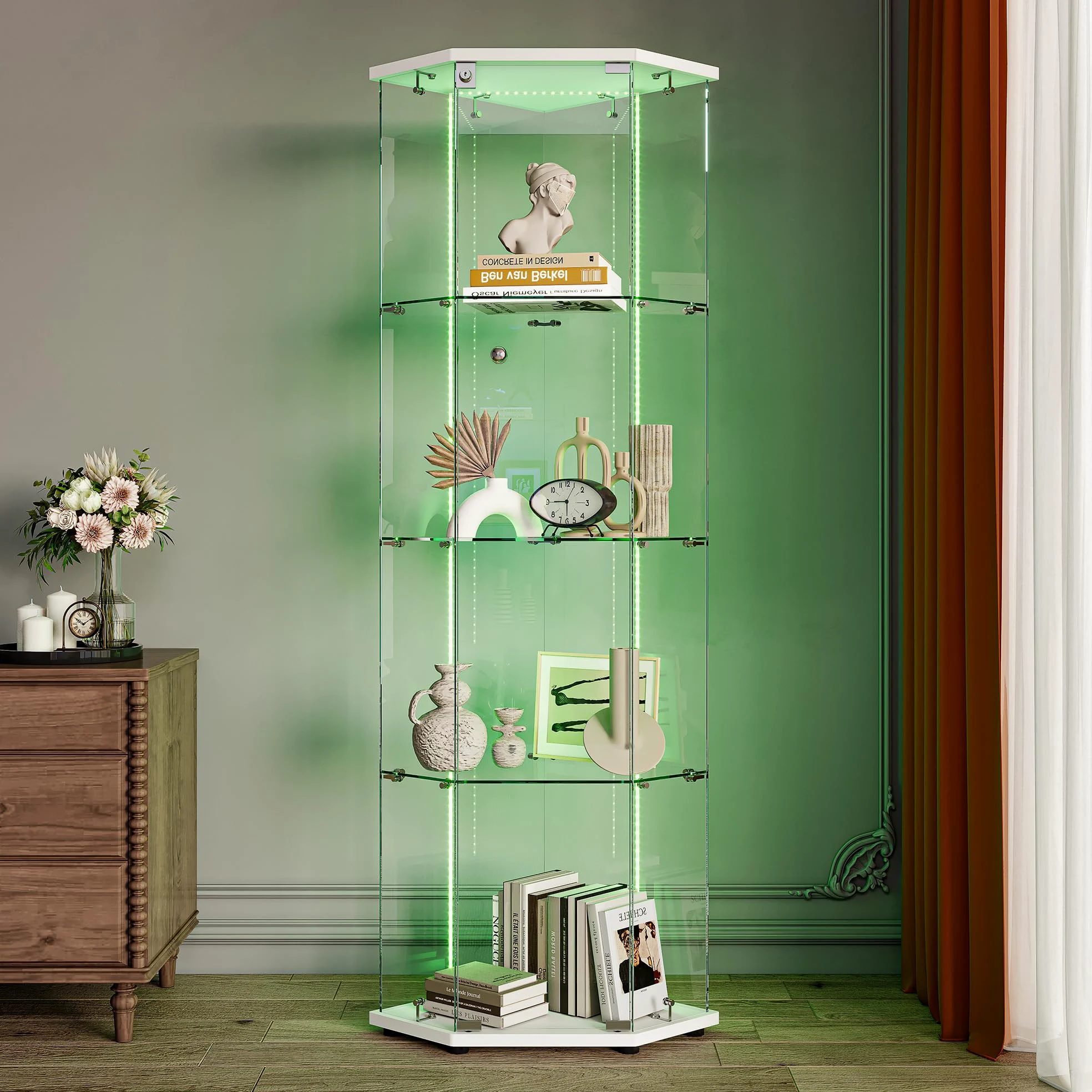 Vetrina angolare in vetro, vetrina su base in vetro LED, 4 ripiani 1 anta con porta, mobile vetrina in vetro con porta e serratura armadio vetrine a cinque angoli 162 x 60 x 35 cm (1 porta 4 strati