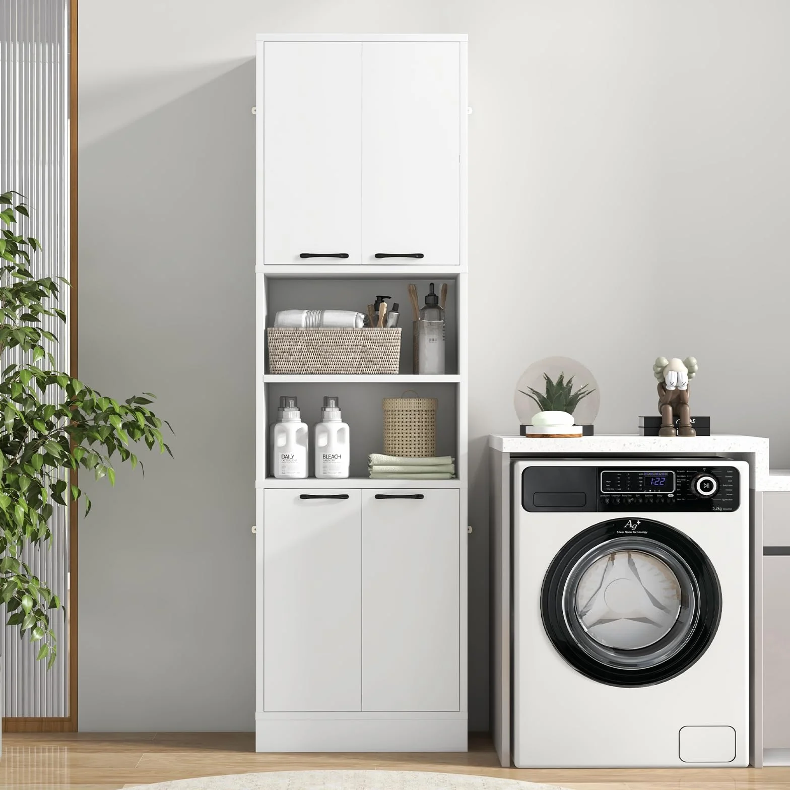 GIANTEX Credenza da Cucina Alta 190 cm con 4 Ante, 2 Scomparti Aperti e 6 Ripiani, 4 Kit Antiribaltamento, Armadio Portaoggetti per Cucina e Bagno