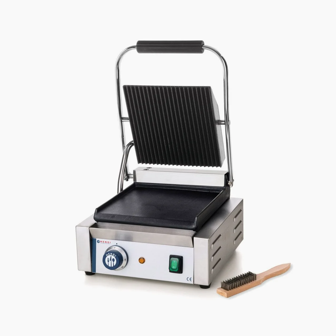 HENDI Piastra Elettrica a Contatto, Grill/Griglia Panini Professionale, Piastre Liscia e Rigata in Ghisa Smaltata, 230V, 1800W, 310x375x(H)216mm, Acciaio Inox