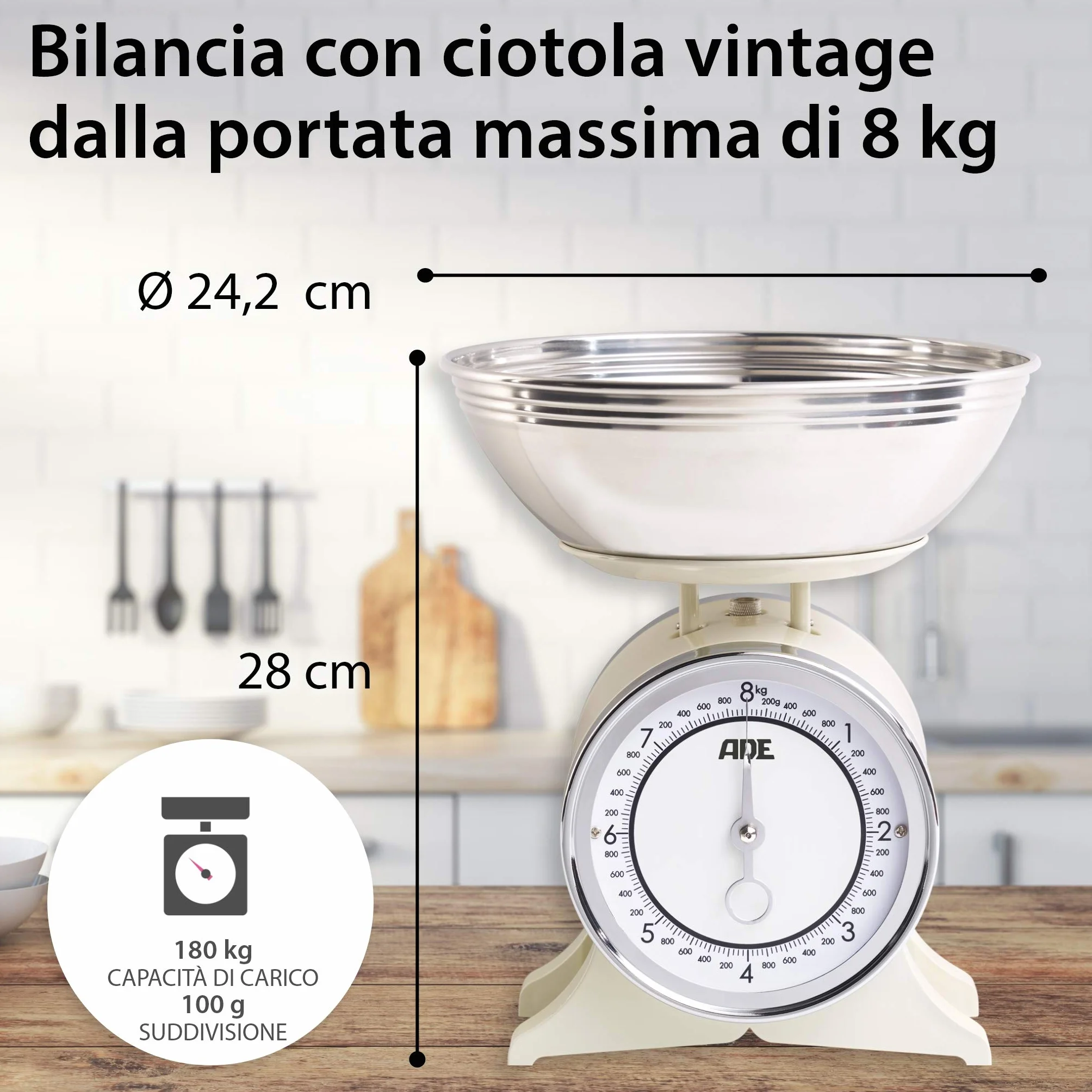 ADE Bilancia da cucina meccanica retrò 8 kg analogica con ciotola in acciaio inox bianco crema