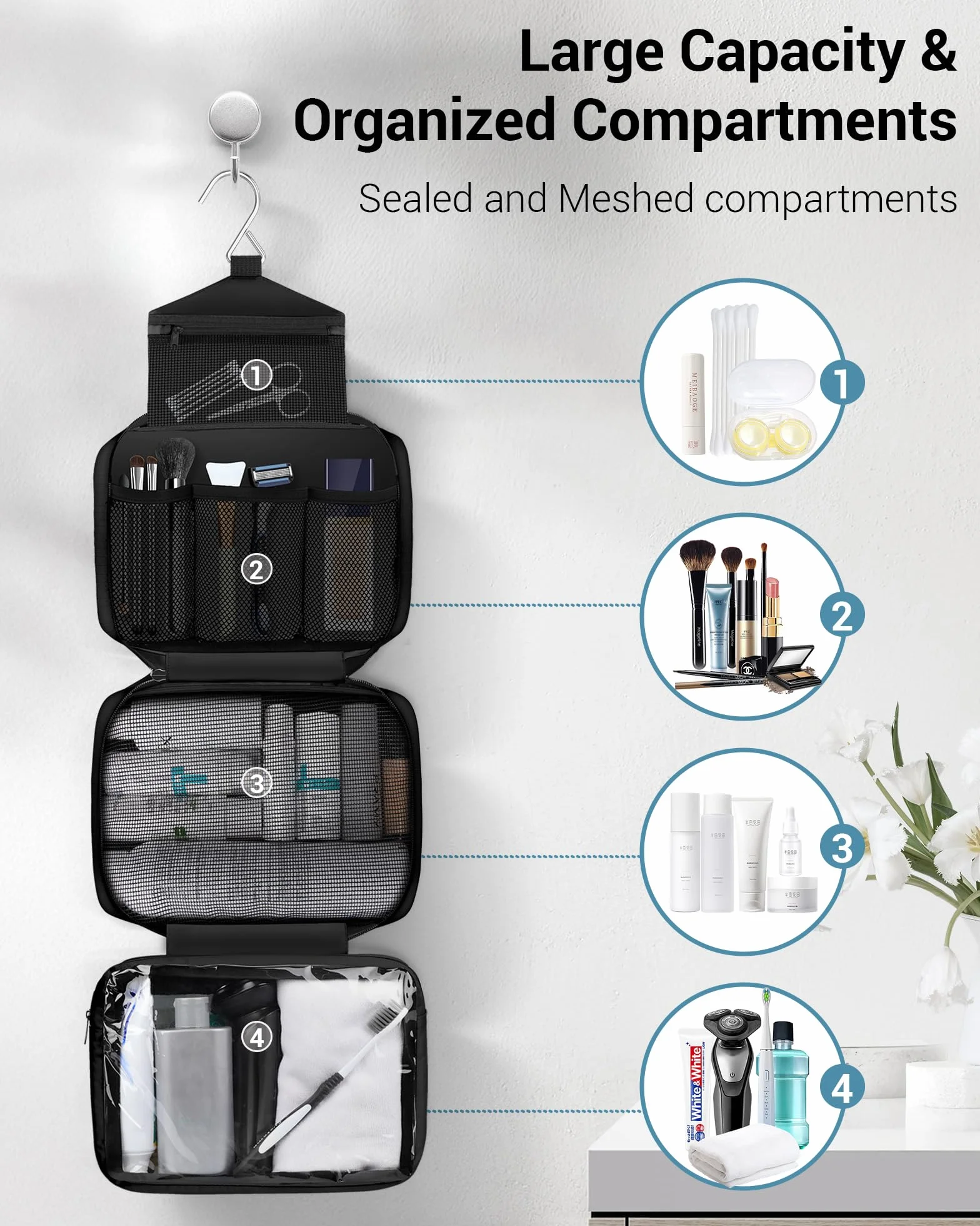 Beauty Case da Viaggio Uomo y Donna, Borsa da Toilette Grande per Viaggio | Borsa da Bagno Compatta da Appendere con 4 Scomparti | Beauty Case da Doccia Impermeabile