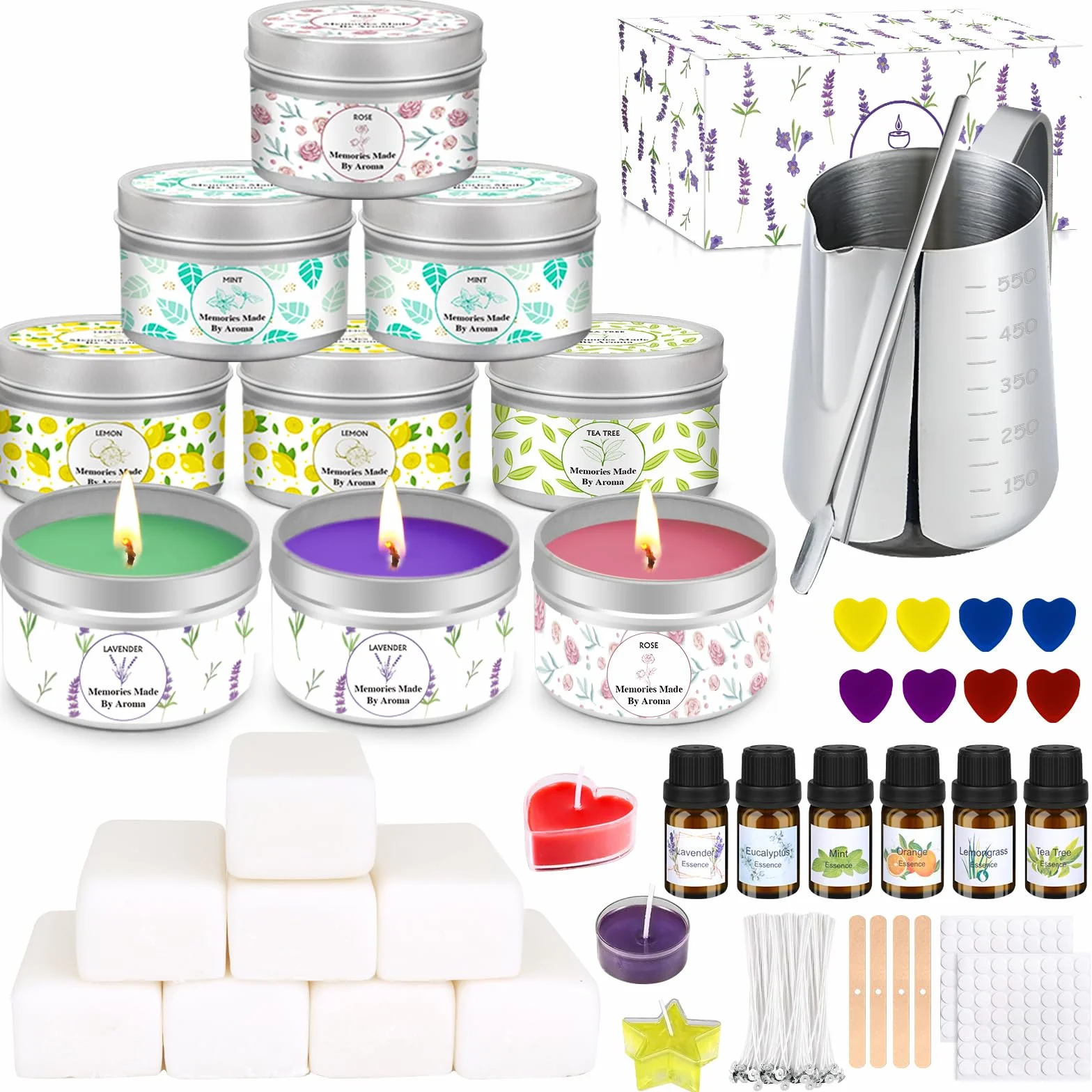 Set di candele fai da te con cera di soia 480 g, 9 barattoli, 8 colori, stoppini, kit regalo per adulti e principianti