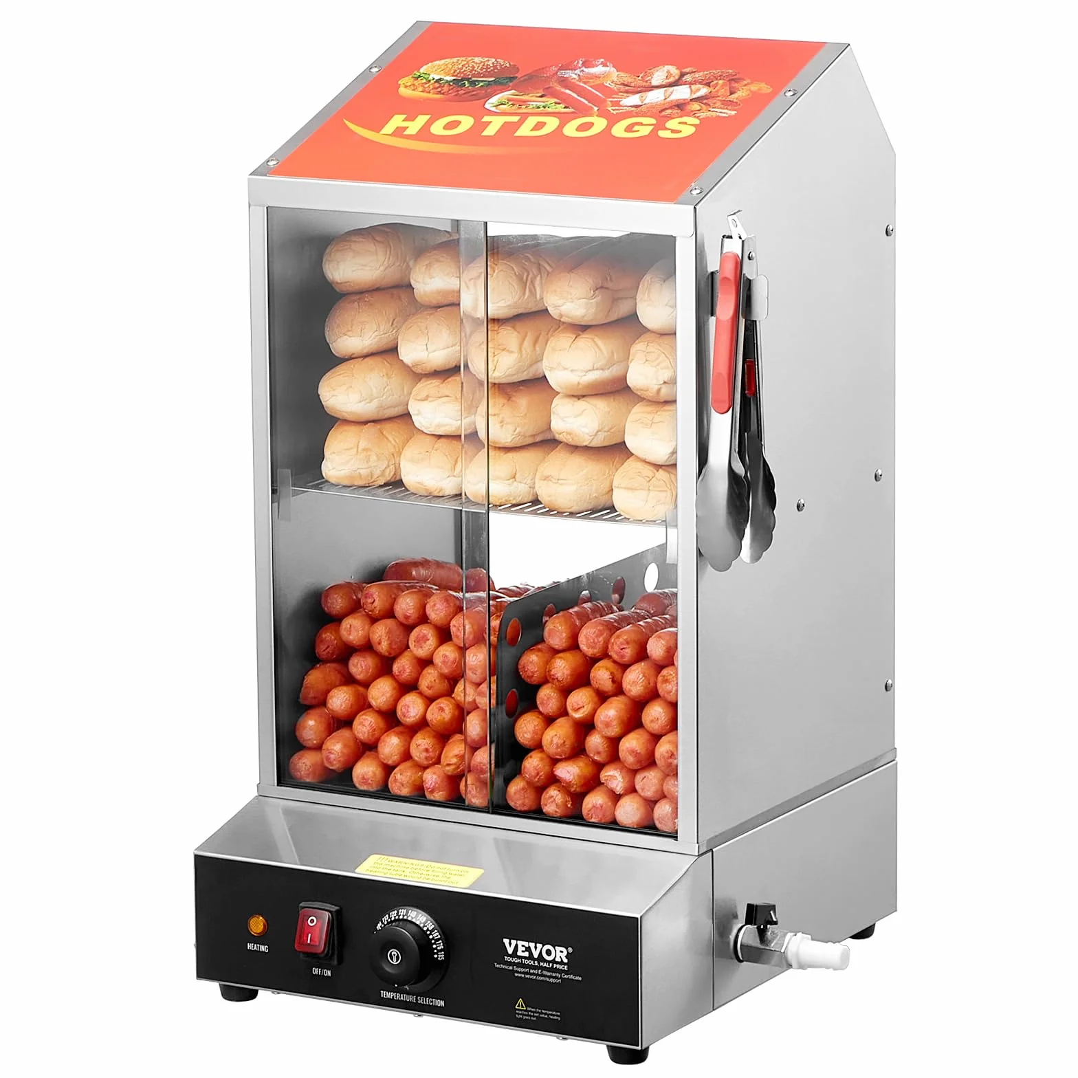 VEVOR Macchine per Hot Dog a Vapore 37L da 2 Ripiani, Controllo Temperatura 30℃~85℃, Macchina Scalda Panini Elettrico con Porte Scorrevoli in Vetro Temperato Piastra Divisoria per Hot Dog Panini