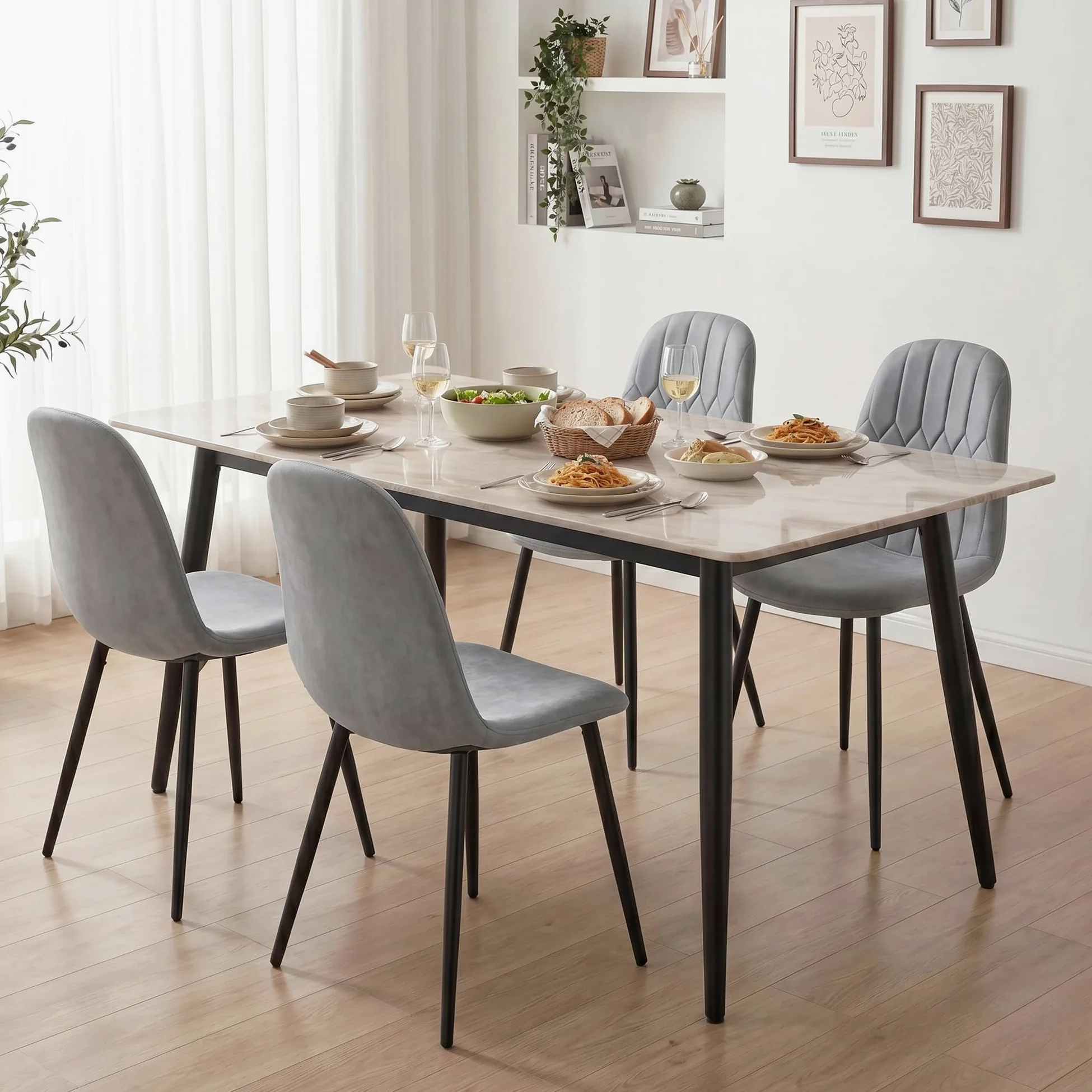 APICIZON Set di 4 sedie da pranzo in velluto, imbottite, schienale ergonomico, gambe in metallo, design retrò migliorato, per cucina, sala da pranzo, grigio