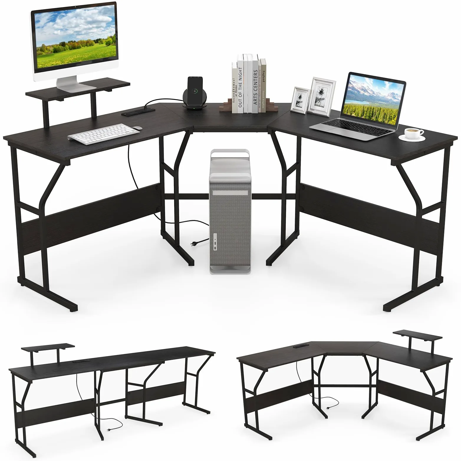 GYMAX Scrivania per Computer a L con Stazione di Ricarica, Tavolo Trasformabile Angolare con Supporto per Monitor, per 2 Persone, Postazione di Lavoro con Telaio in Metallo (Nero)