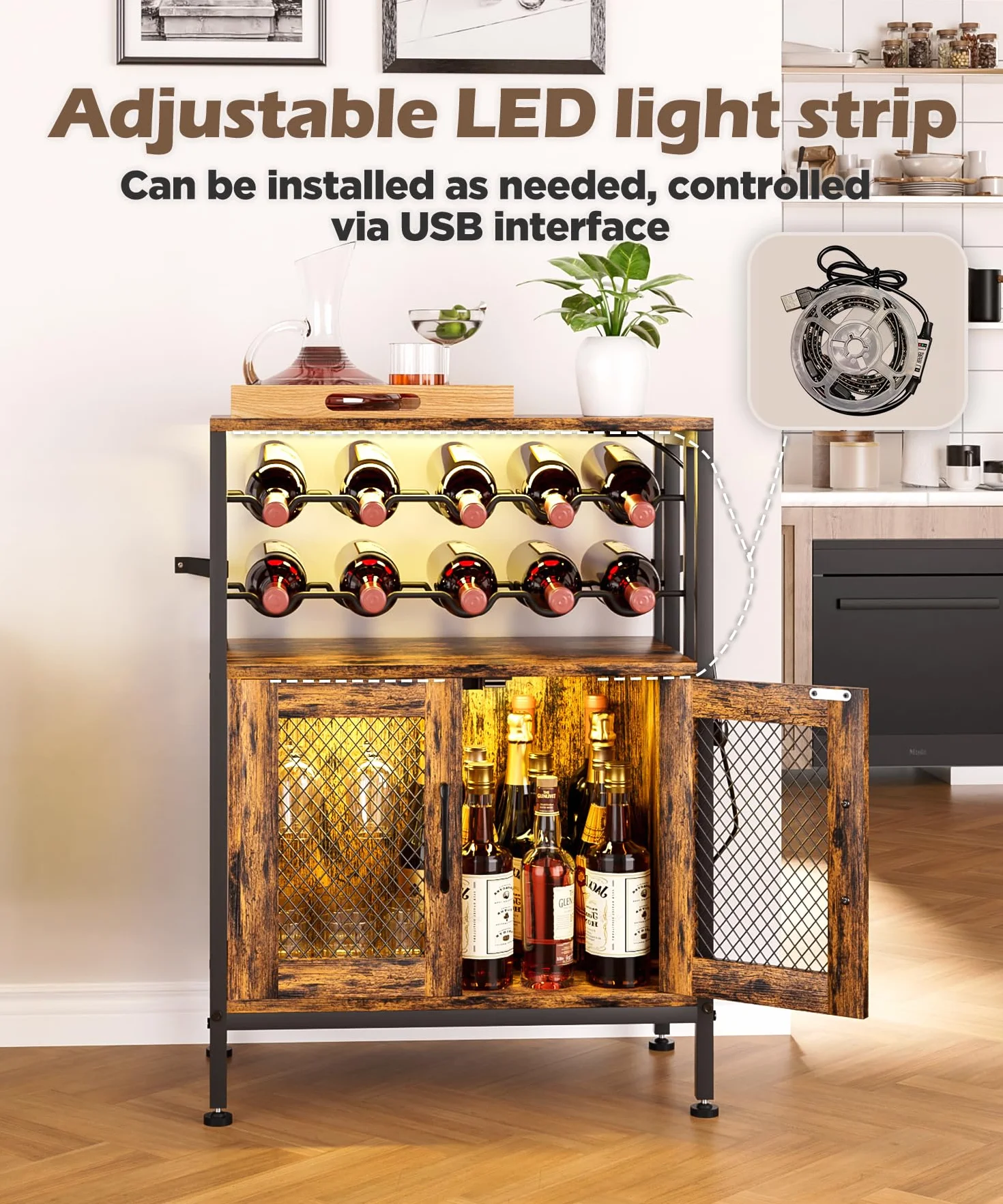 Yorbay Mobili Portabottiglie con Luci LED: Mobile Bar Autoportante con Anta a Griglia per 10 Bottiglie e 6 Bicchieri - Scaffale per Vini in Stile Industriale per Cucina Soggiorno Sala da Pranzo